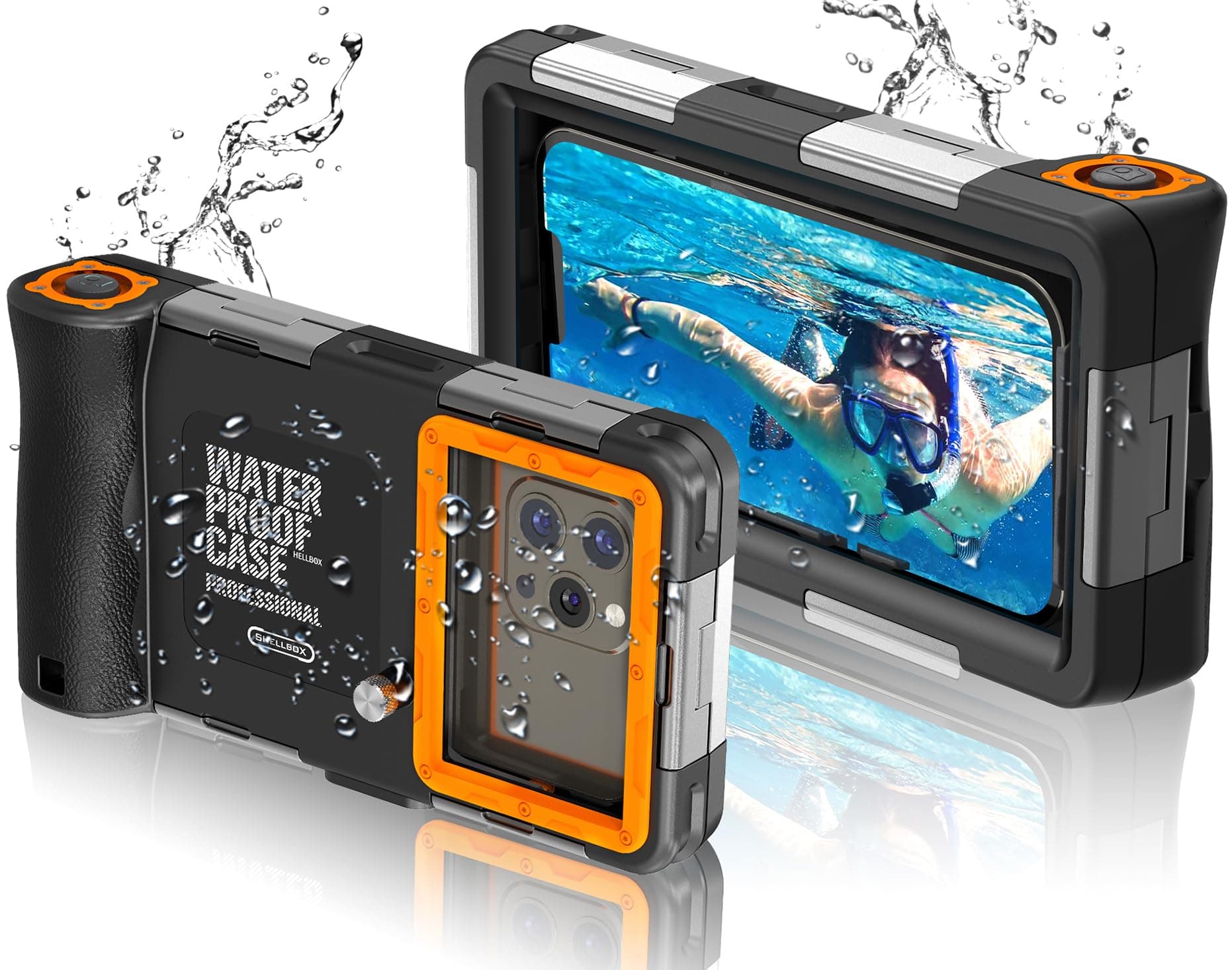 Underwater Phone Case for Snorkeling, Diving Phone Case for iPhone 16/15/14/13/12/11 Pro Max & Samsung Galaxy S25/S24/S23 Ultra/Plus, Professional 50ft Underwater Photo Video Cover, Black/Orange