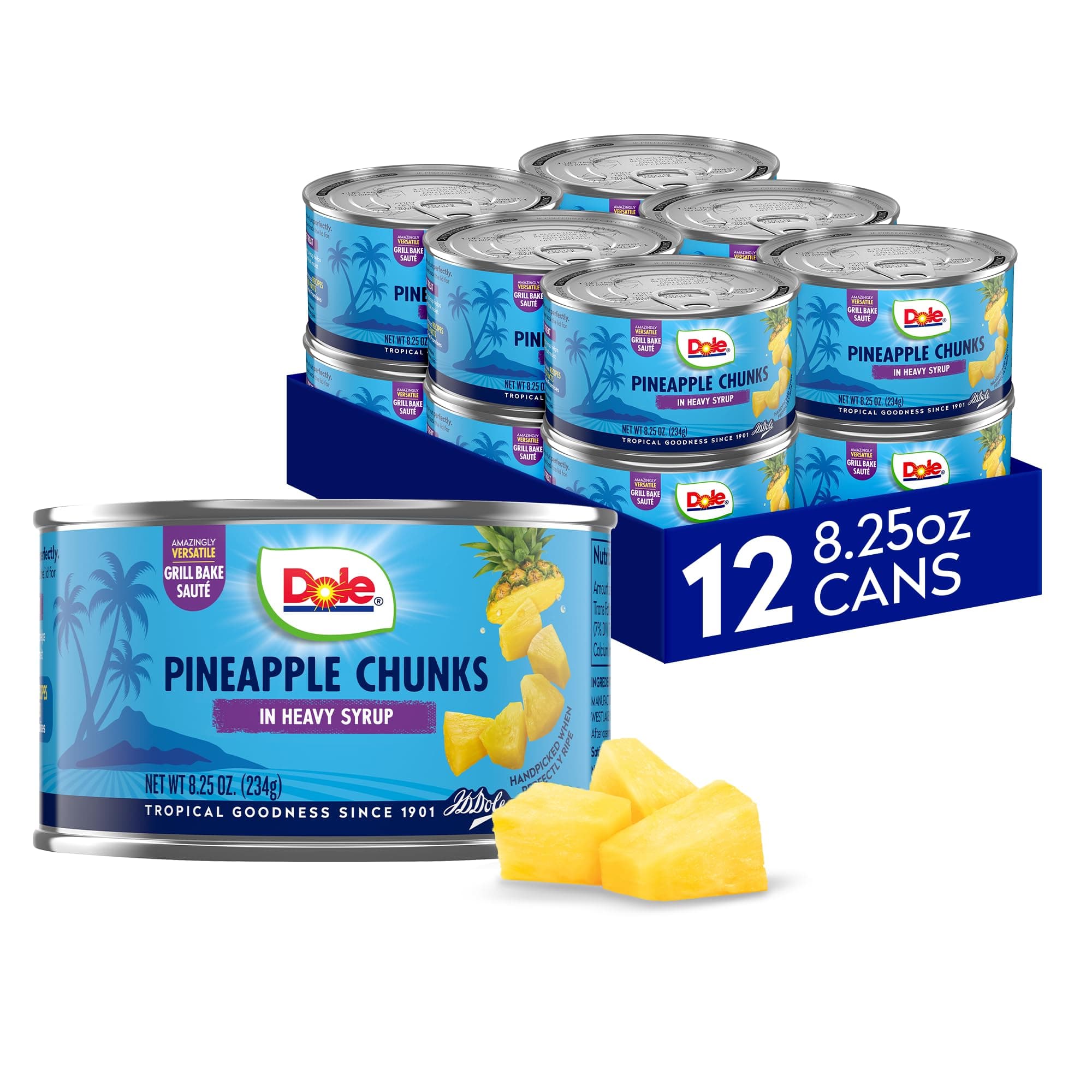 Dole Canned Fruit, Pineapple Chunks in Heavy Syrup, Gluten Free, Pantry Staples, 8.25 Oz, 12 Count, Packaging May Vay