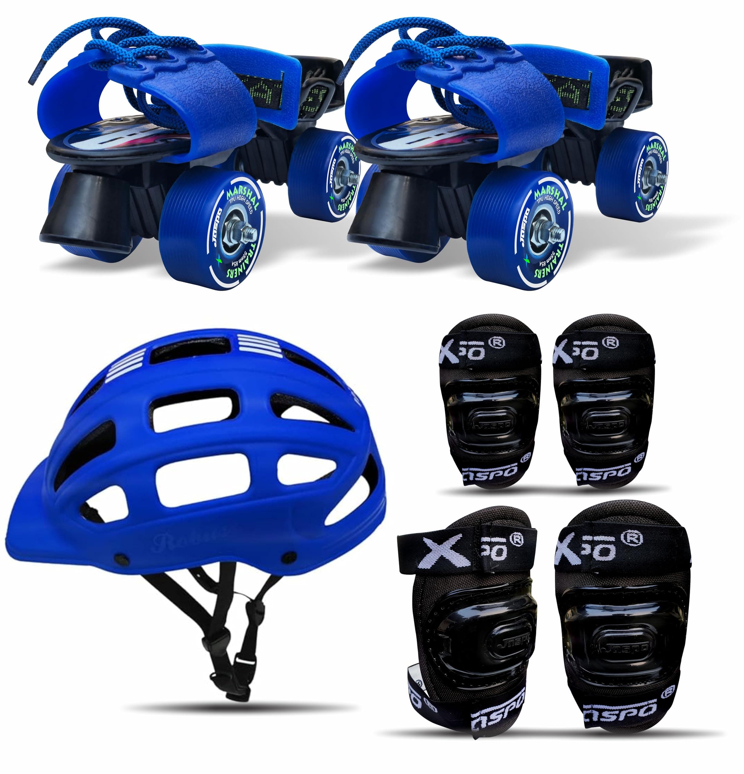 Unisex Marshal Trainers Adjustable Inline_Skate_Wheel Roller Skates Combo (Skates + Helmet + Knee Guards & Elbow Guards) - for Age Groups 6 to 14 Years | Academy & School Level Skating, Blue