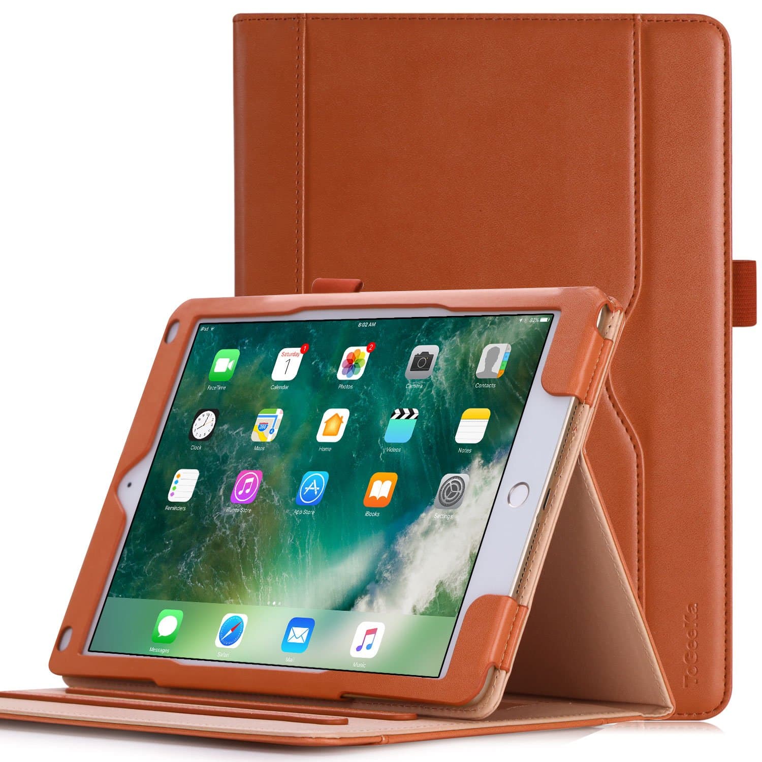 New iPad 9.7 2018 / 2017 Case Cover, ToGeeKa PU Leather Stand Case Smart Cover for Apple iPad 9.7-Inch 2017/ 2018 and iPad Air 2 / 1 with Card Slot and Auto Wake/Sleep Function, Brown
