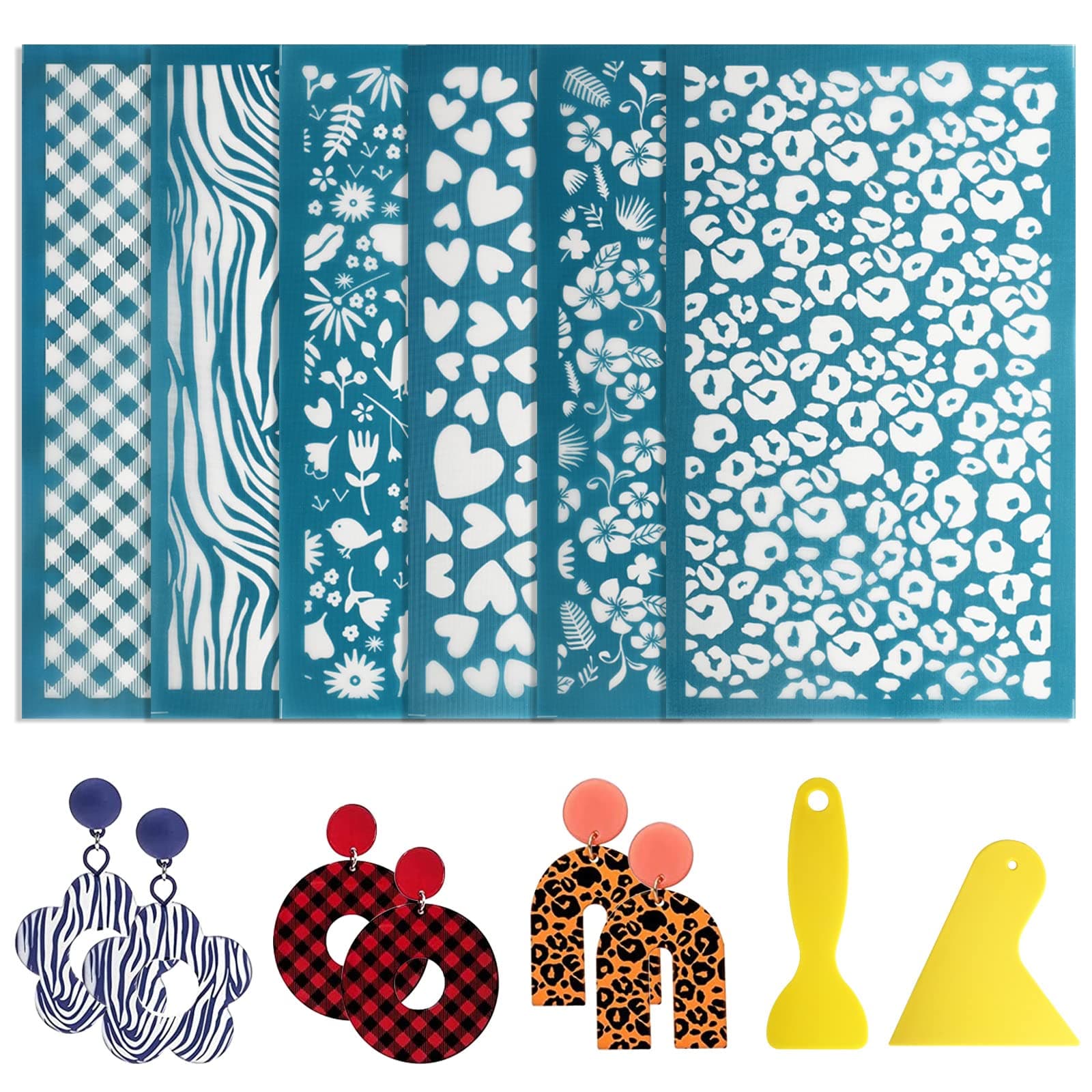 EEEKit 6PCS Silk Screen Stencils, 5.90 * 3.54 inch Stencils Clay Tools Kit,Reusable Silkscreen Print Kit with 2 Scrapers for DIY Polymer Clay,Jewelry Making,Earrings Decoration