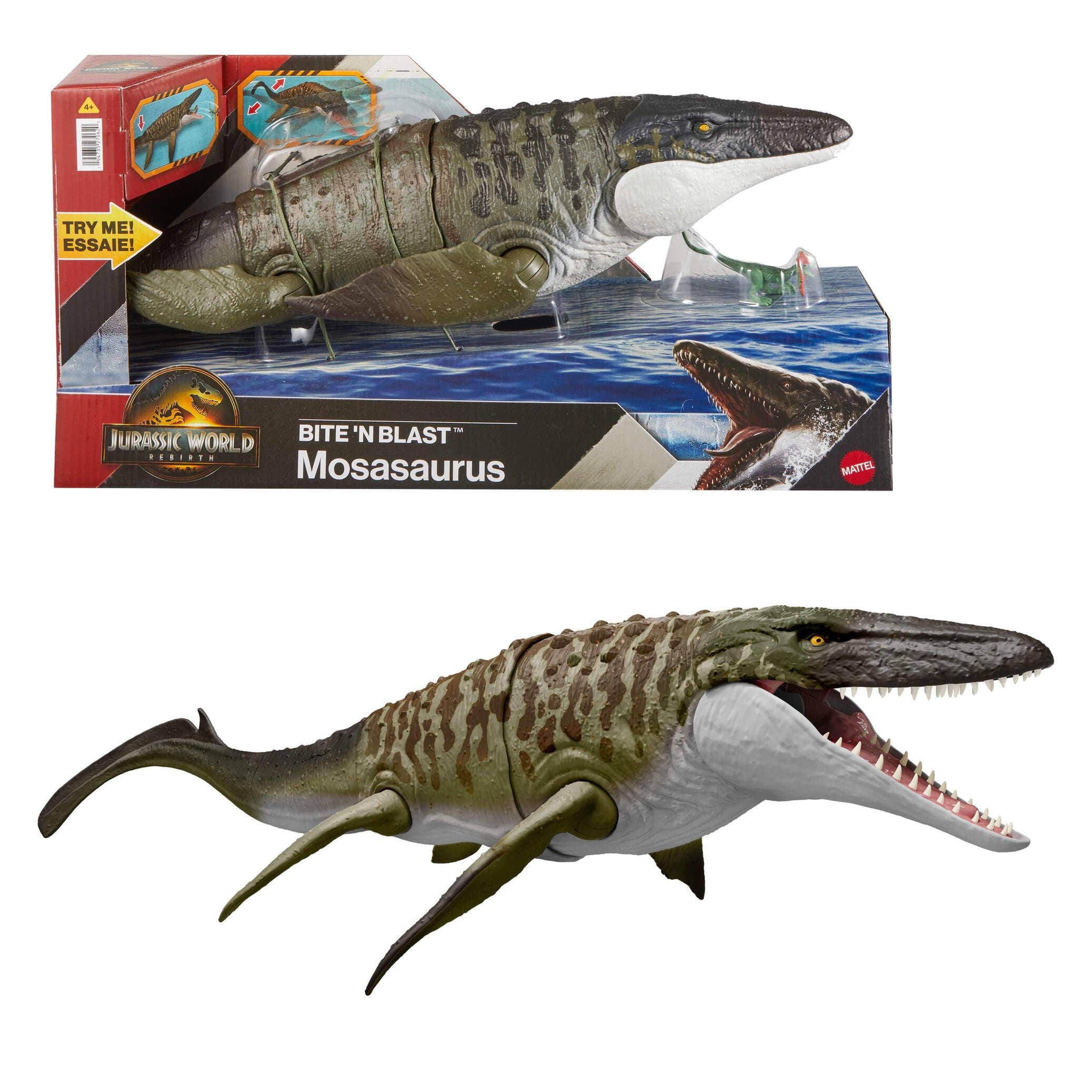 ​Mattel Jurassic World Rebirth Bite N Blast Mosasaurus Action Figure & Mini Dilophosaurus, Wide Jaw Dinosaur Toy, Movie-Accurate Posable, Digital Play, JJP80