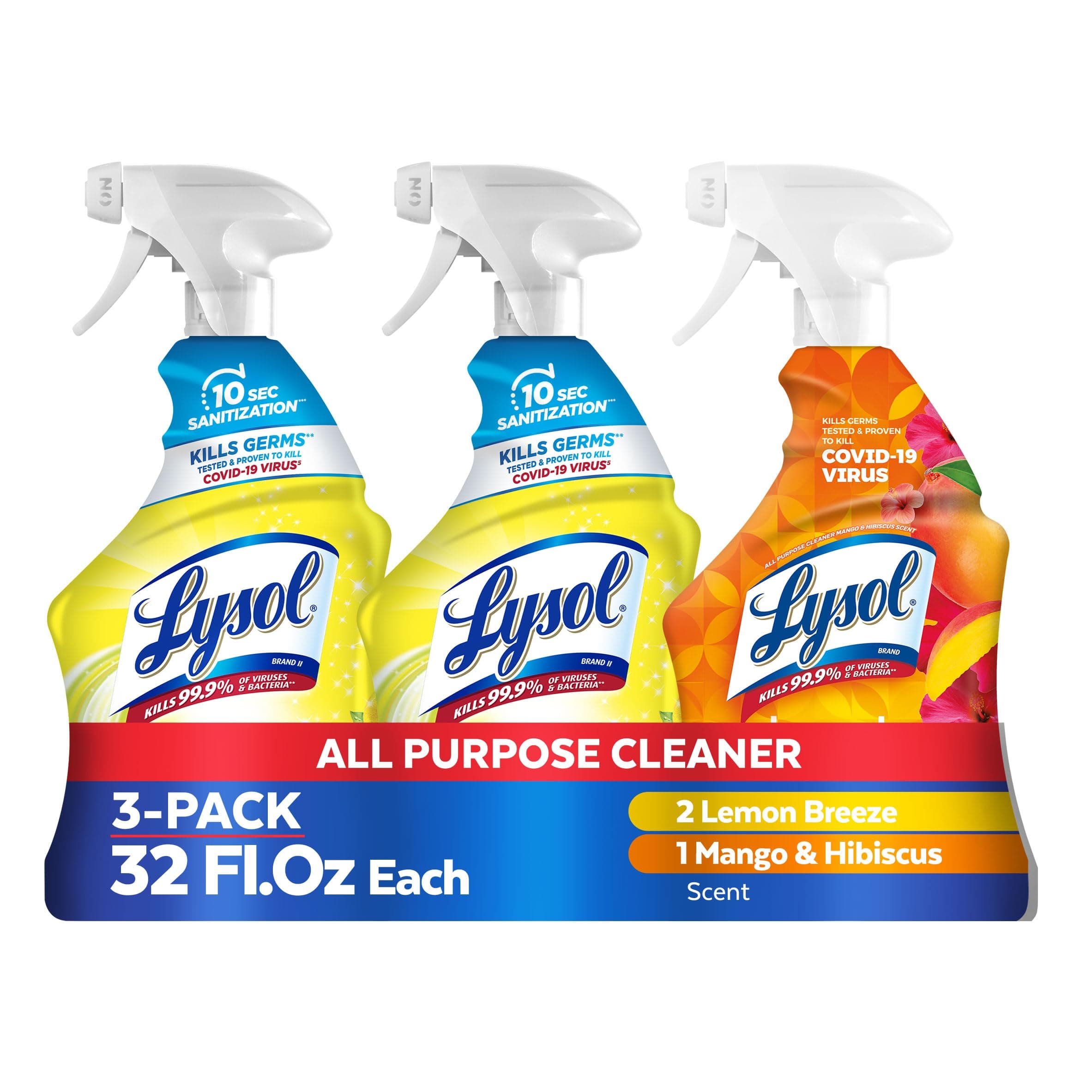 All Purpose Cleaner Spray, Multi-Purpose Disinfecting Spray, Kitchen & Bathroom Cleaner, Lemon Breeze (pack of 2) + Mango & Hibiscus (pack of 1)