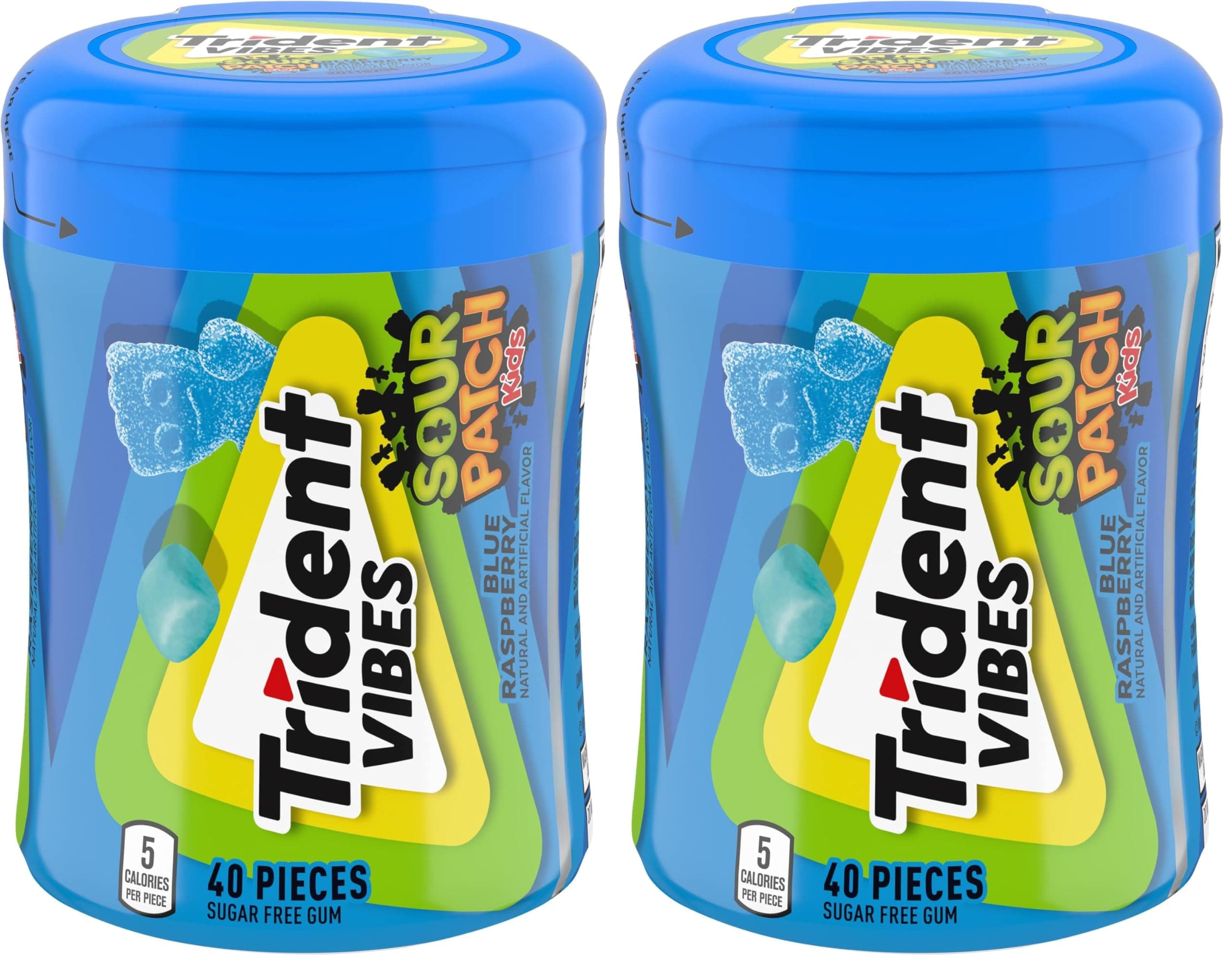 Trident Vibes SOUR PATCH KIDS Blue Raspberry Sugar Free Gum, 40 Piece Bottle (Pack of 2)