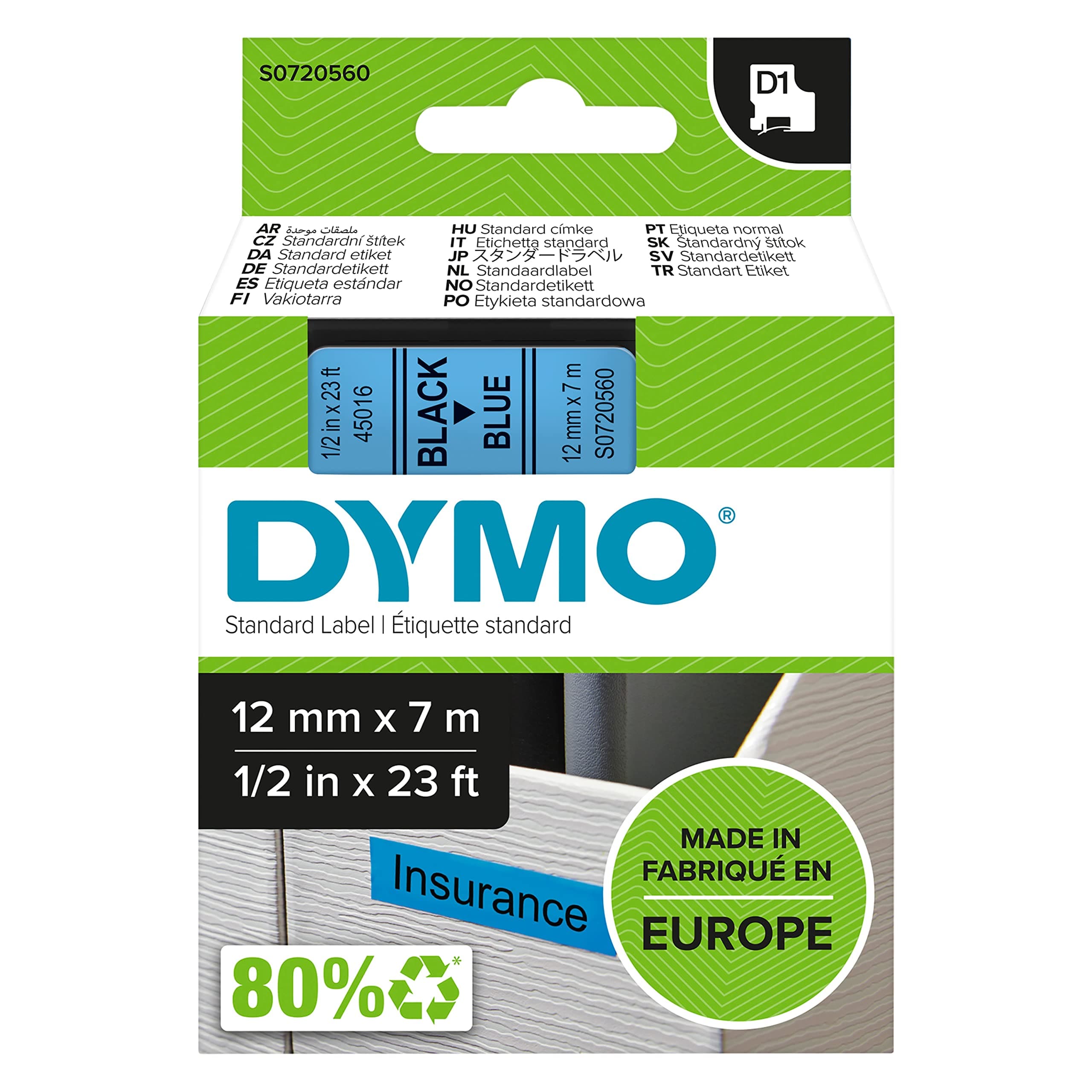 DYMO Authentic D1 Labels, 12mm x 7m Roll, Black Print on Blue Tape, Self-Adhesive Labels for LabelManager and MobileLabeler Label Printers