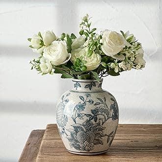 SIDUCAL Ceramic Chinoiserie Floral Vase | 6.3 Inch Blue and White Vintage Vas...