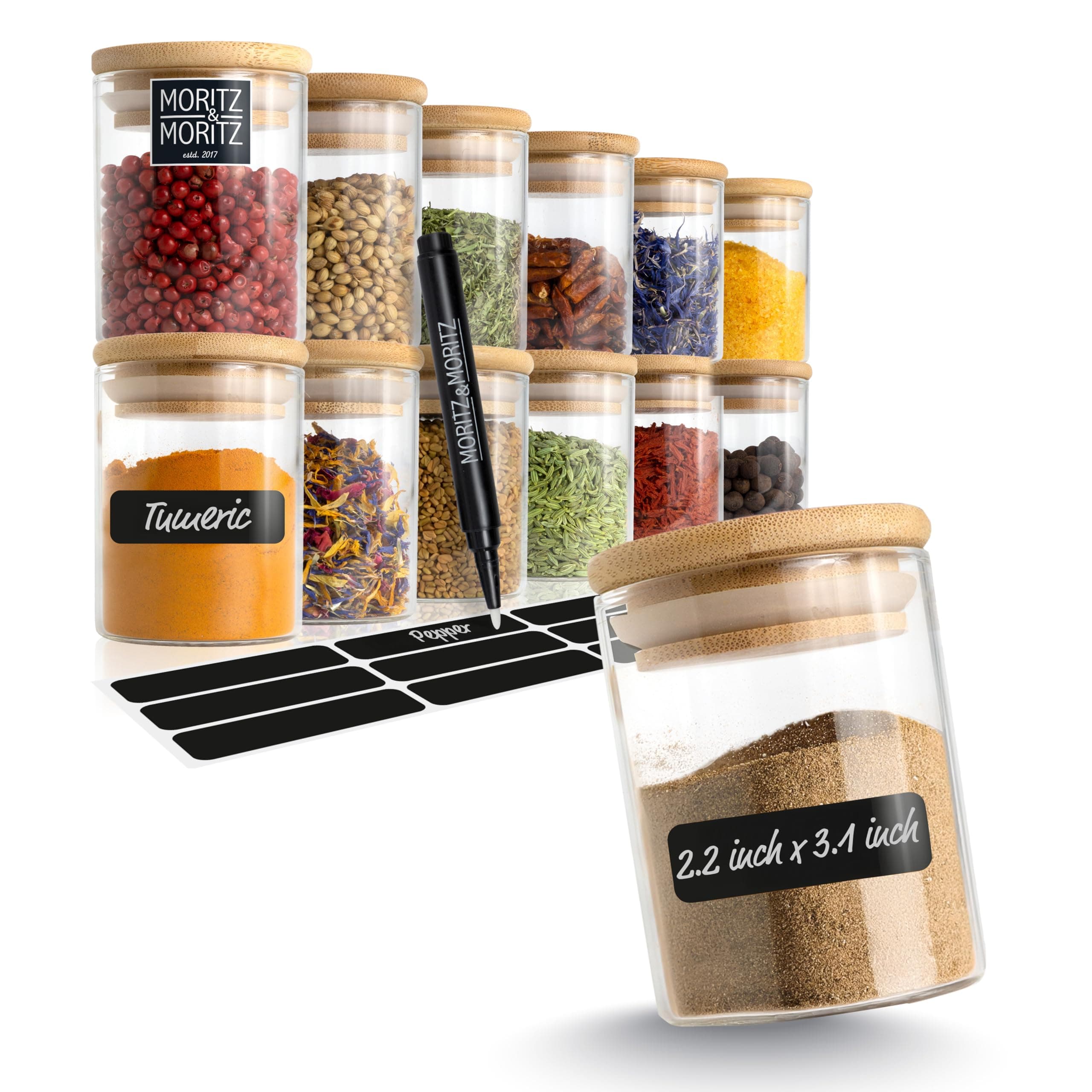 12x Small Spice Jars with Lids and Labels - Ø 5,5x8cm - 4.4oz/125 ml - Glass Spice Jars with Bamboo Lids with 12 x Labels and 1 x Chalk Pencil