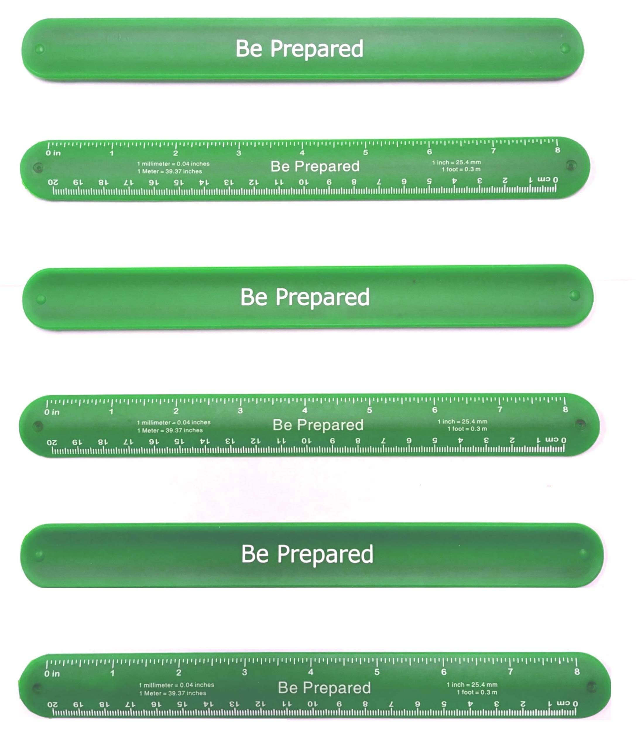 Boy Scout Be Prepared Green Ruler Slap Band, Pack of 6 - Great Item for Scout Dens, Favors, Gift, Prize, Fun Items, Accessories, Swag, Fidget Bracelet