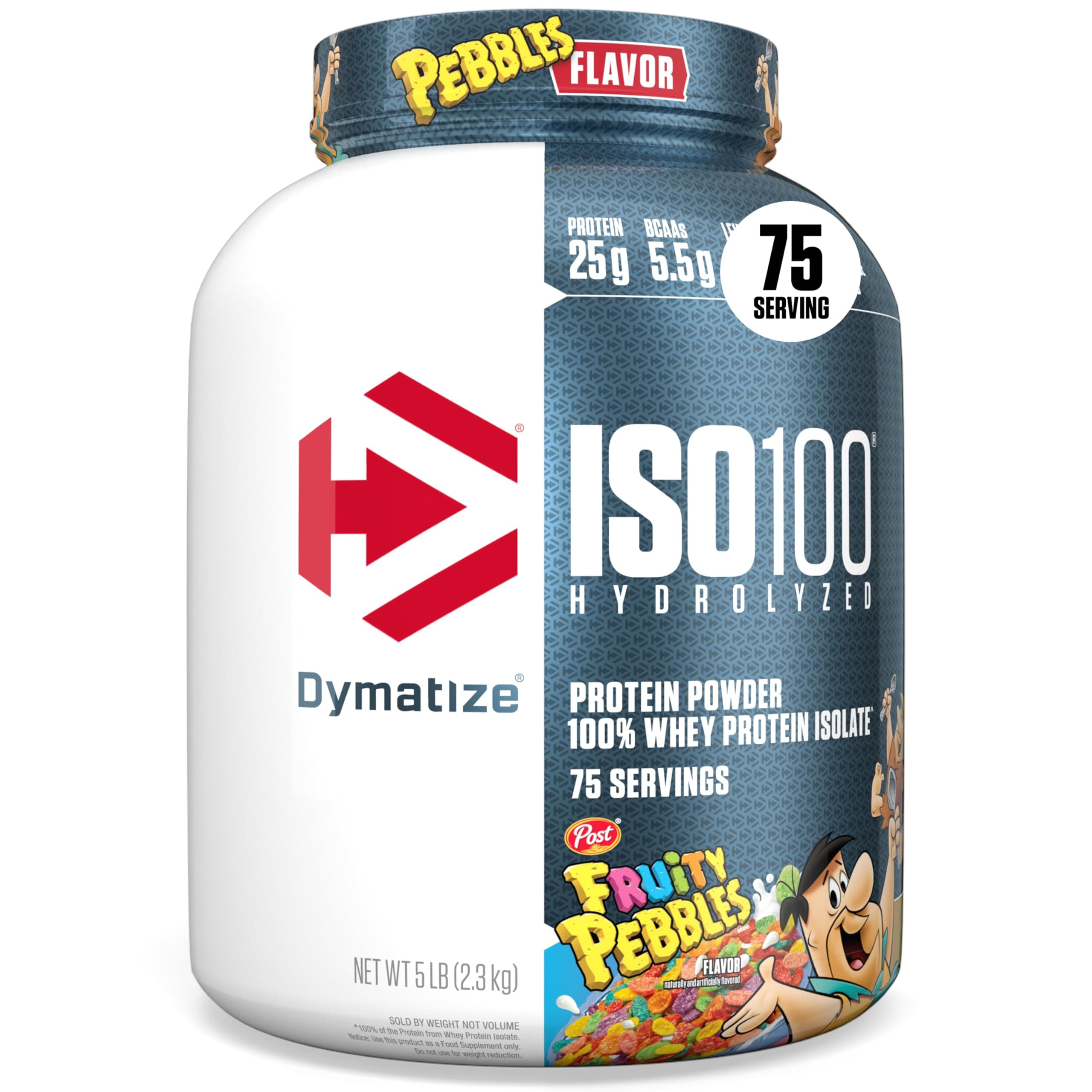 Dymatize Nutrition ISO100 Hydrolyzed Protein Powder, 100% Whey Isolate Protein, 25g of Protein, 5.5g BCAAs, Gluten Free, Fast Absorbing, Easy Digesting, Fruity Pebbles, 5lbs, white