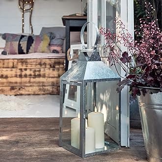 Outdoor Large Galvanised Floor Lantern TruGlow LED Candles Timer