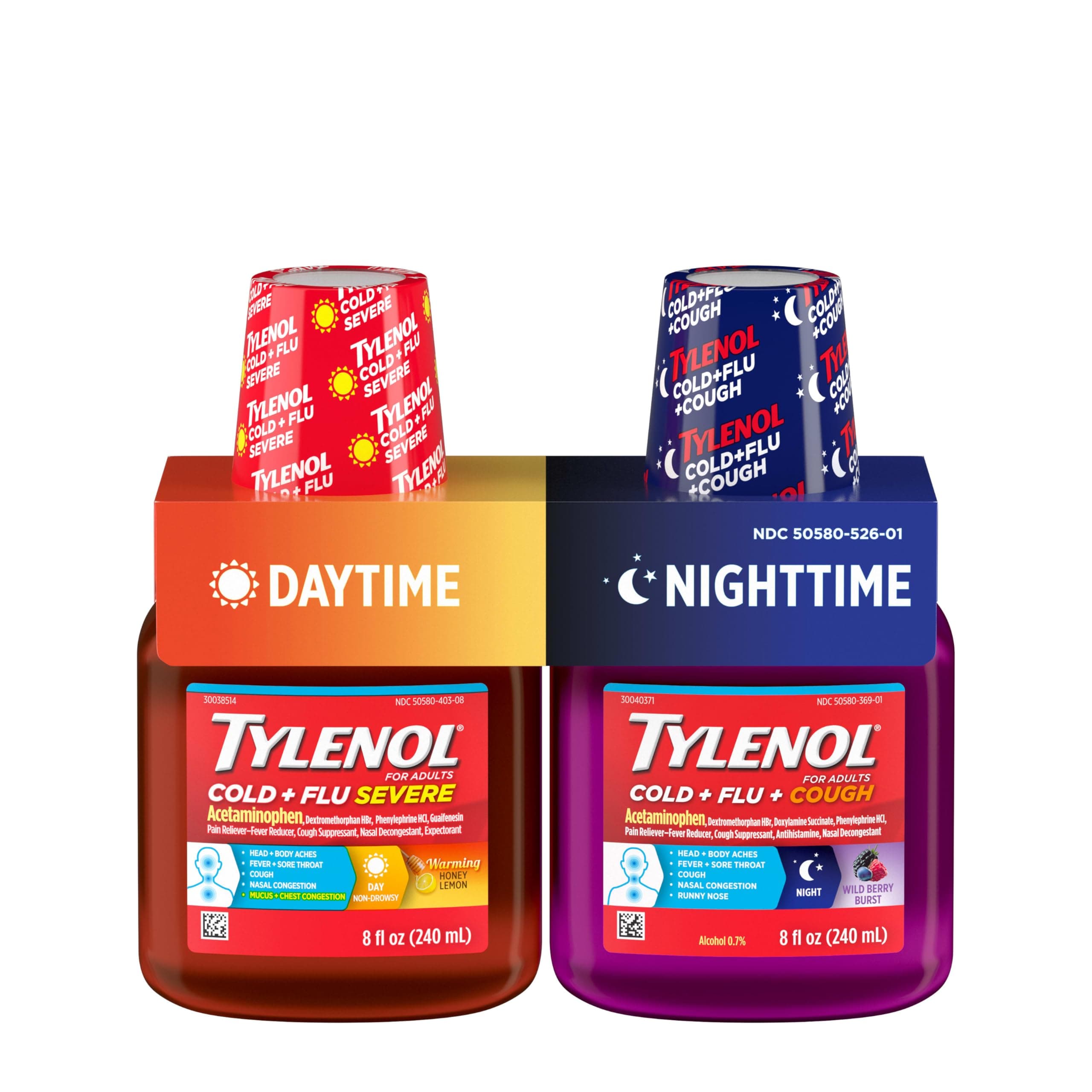 Tylenol Cold + Flu Severe Daytime & Nighttime Liquid Cough Medicine with Acetaminophen Pain Reliever & Fever Reducer, Nasal Decongestant & Antihistamine, Value Pack, 2 ct. of 8 fl. oz