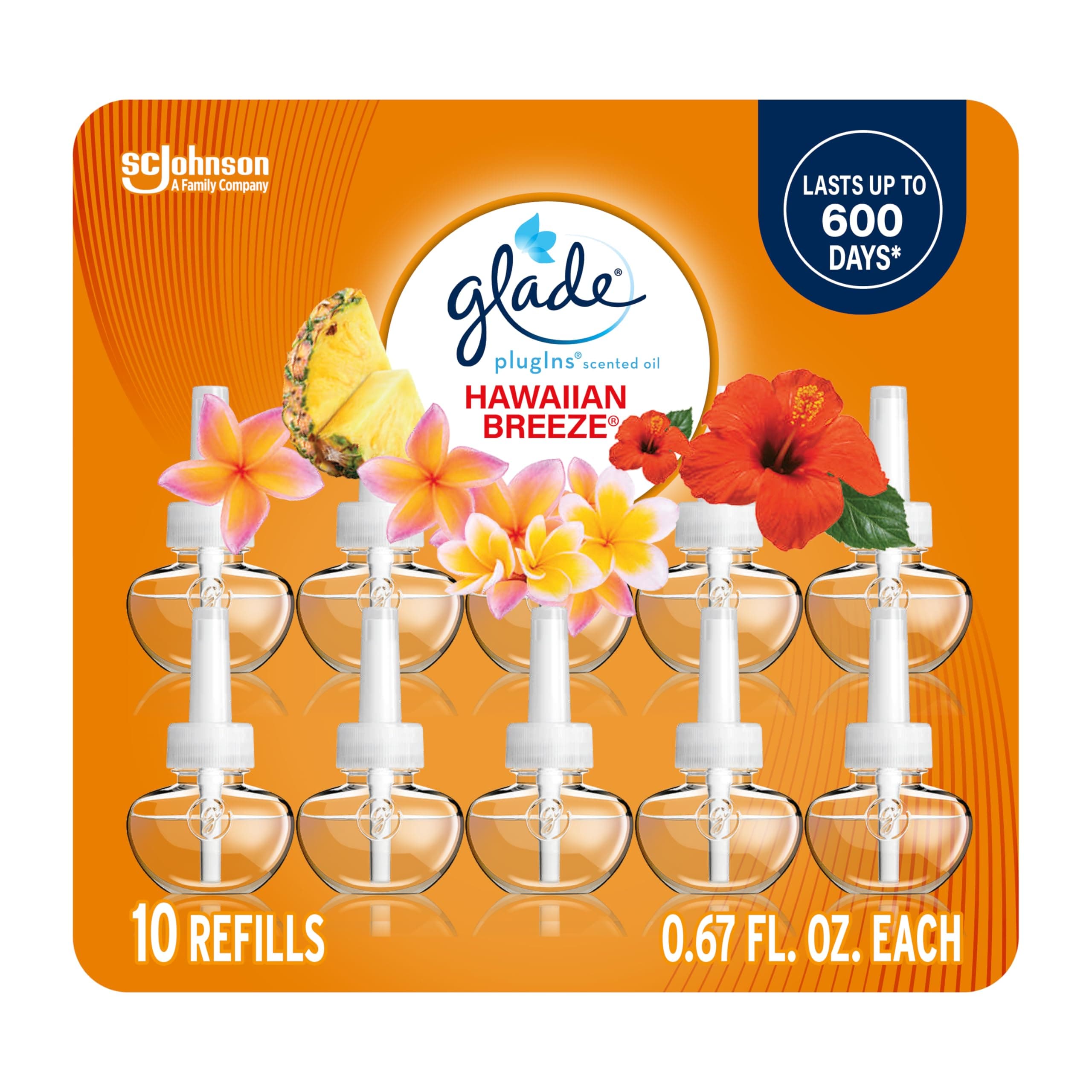 Glade PlugIns Refills Air Freshener, Scented and Essential Oils for Home and Bathroom, Hawaiian Breeze, 6.7 Fl Oz, 10 Count