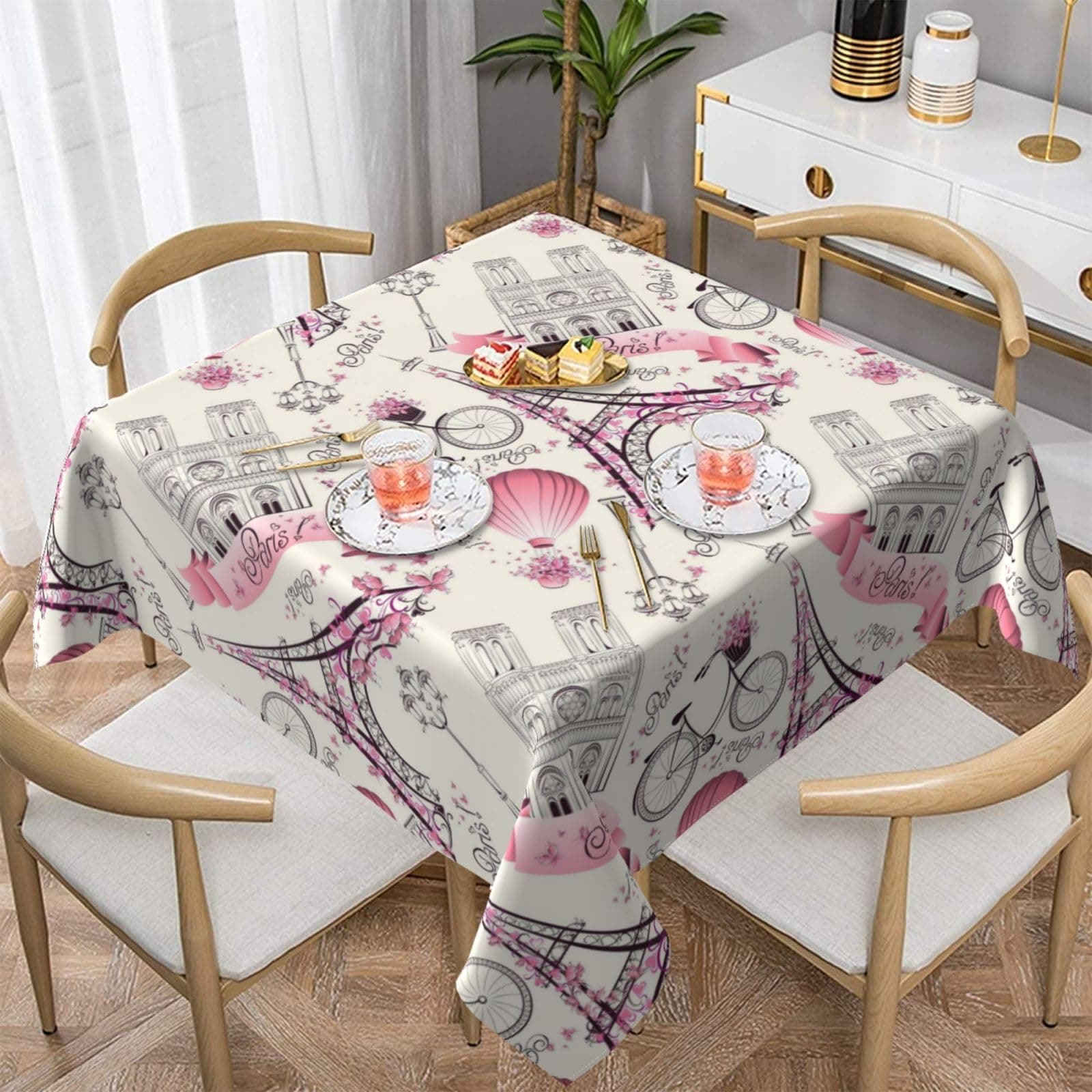 JAMCHE 152x152 Cm Wipe Clean Table Cloth Square Paris Tower Tablecloth Modern Washable Wrinkle Free Table Cover For Kitchen Dinner Picnic Outdoor Party Tabletop Decoration