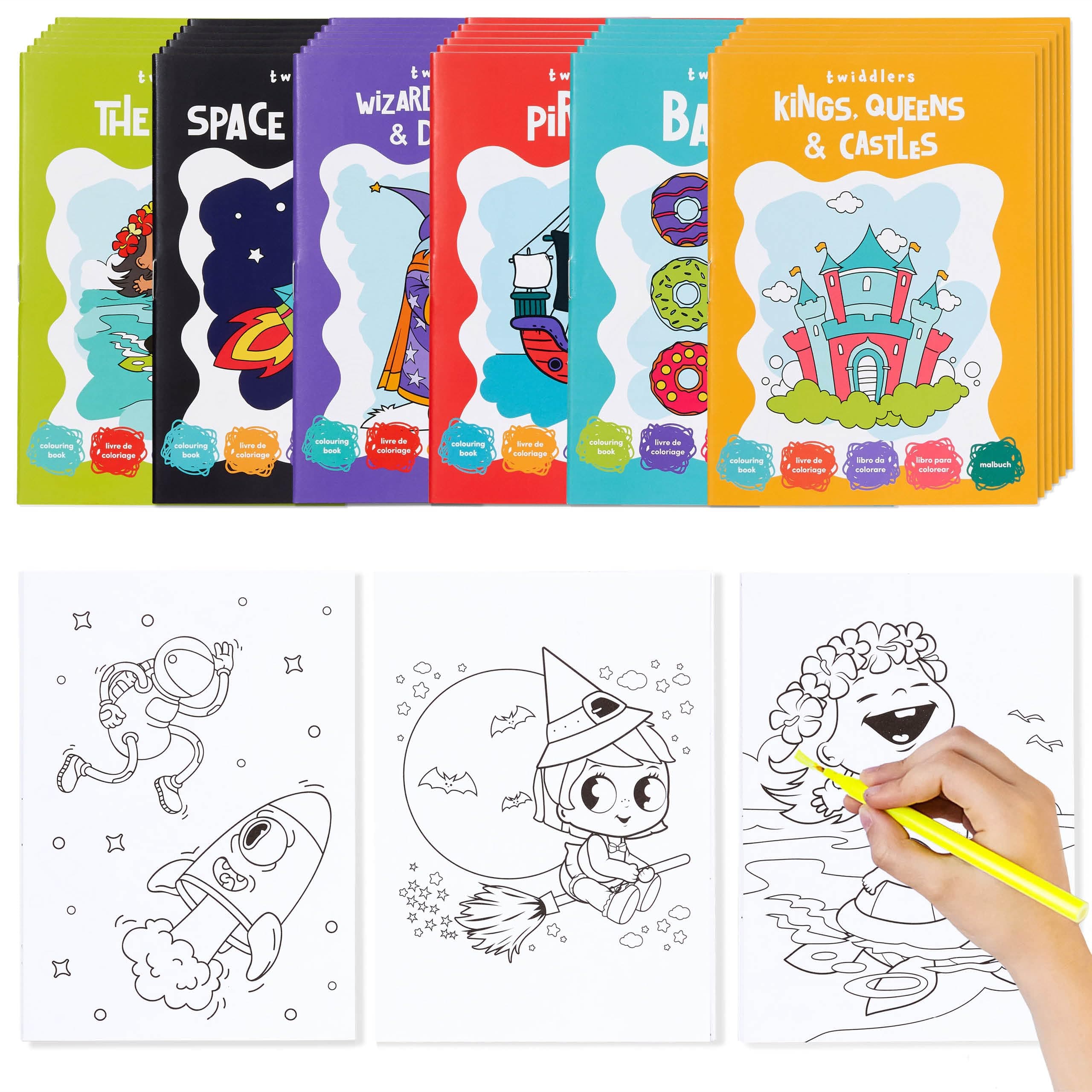 THE TWIDDLERS - 24 Pack 6 Themes Bulk Mini Coloring Books for Kids Ages 3+, Includes Castles Dragons Space Pirate Baking Beach - Coloring Book Party Favor, Classroom Activity Books