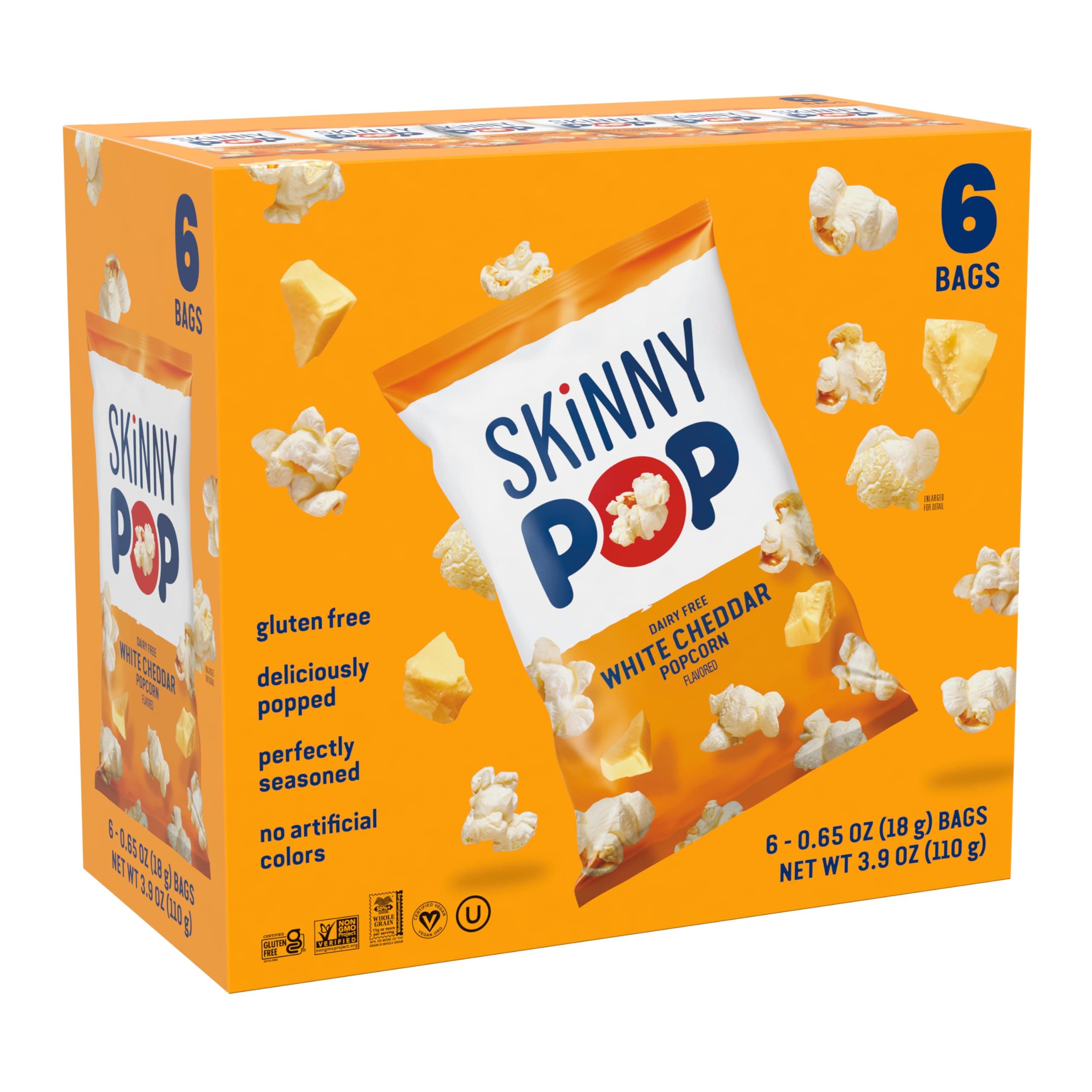 SkinnyPop Popcorn, White Cheddar, Whole Grain, Dairy-Free Snack, 0.65oz Bags (6ct)