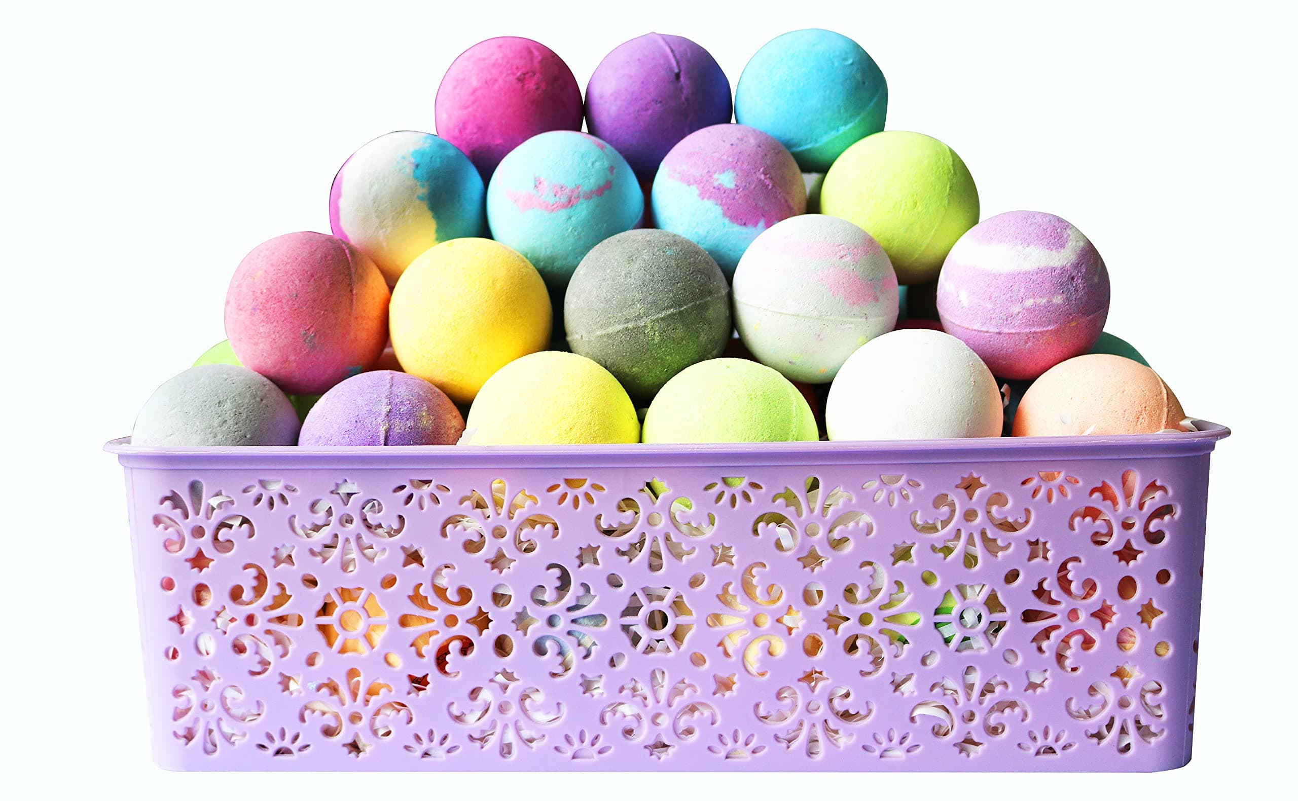 PurelisMoisturizing Bath Bombs Gift Basket, 40 count. Bulk Bath Bomb Gift Set with Essential Oils & Shea Butter. Organic, Individually Wrapped Bath Bombs in Gift Box. Best Gift Idea for Women & Kids!