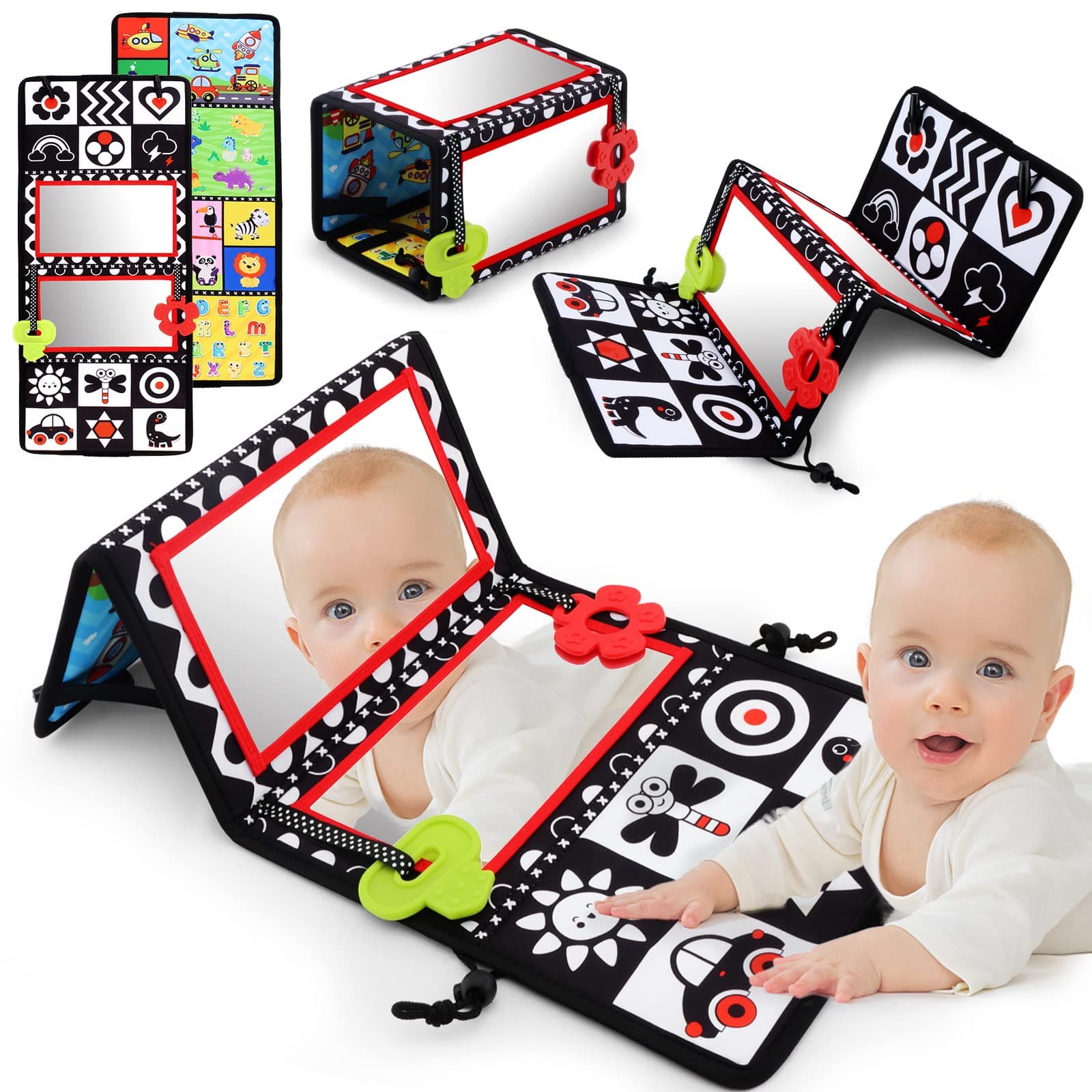 Tummy Time Floor Mirror, Double-Sided Baby Mirror Black and White High Contrast Baby Toys, Baby Montessori Toys Crawling Developmental Newborn Infant Sensory Toys