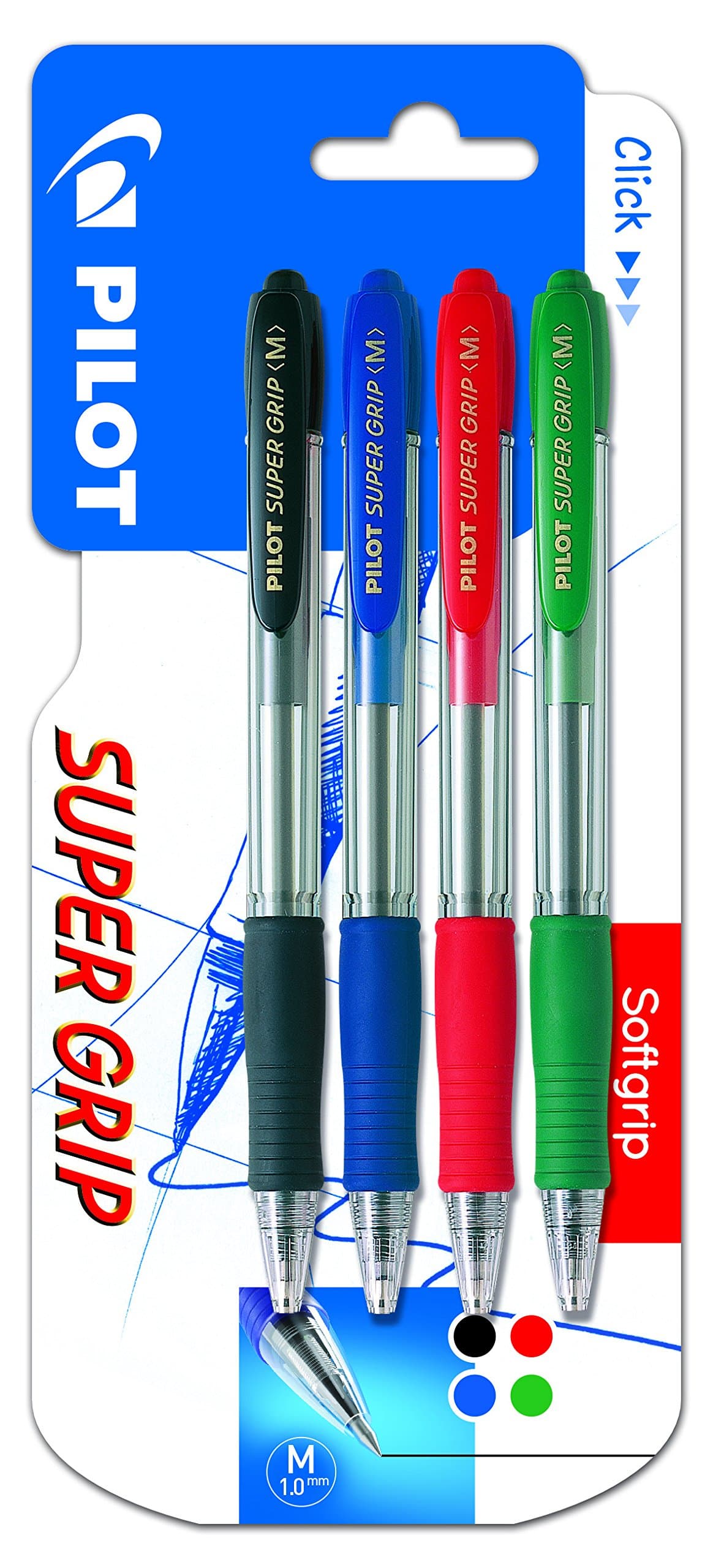 Pilot Spain Super Grip – Pack of 4 Pens, Medium Point, Multi-Colour
