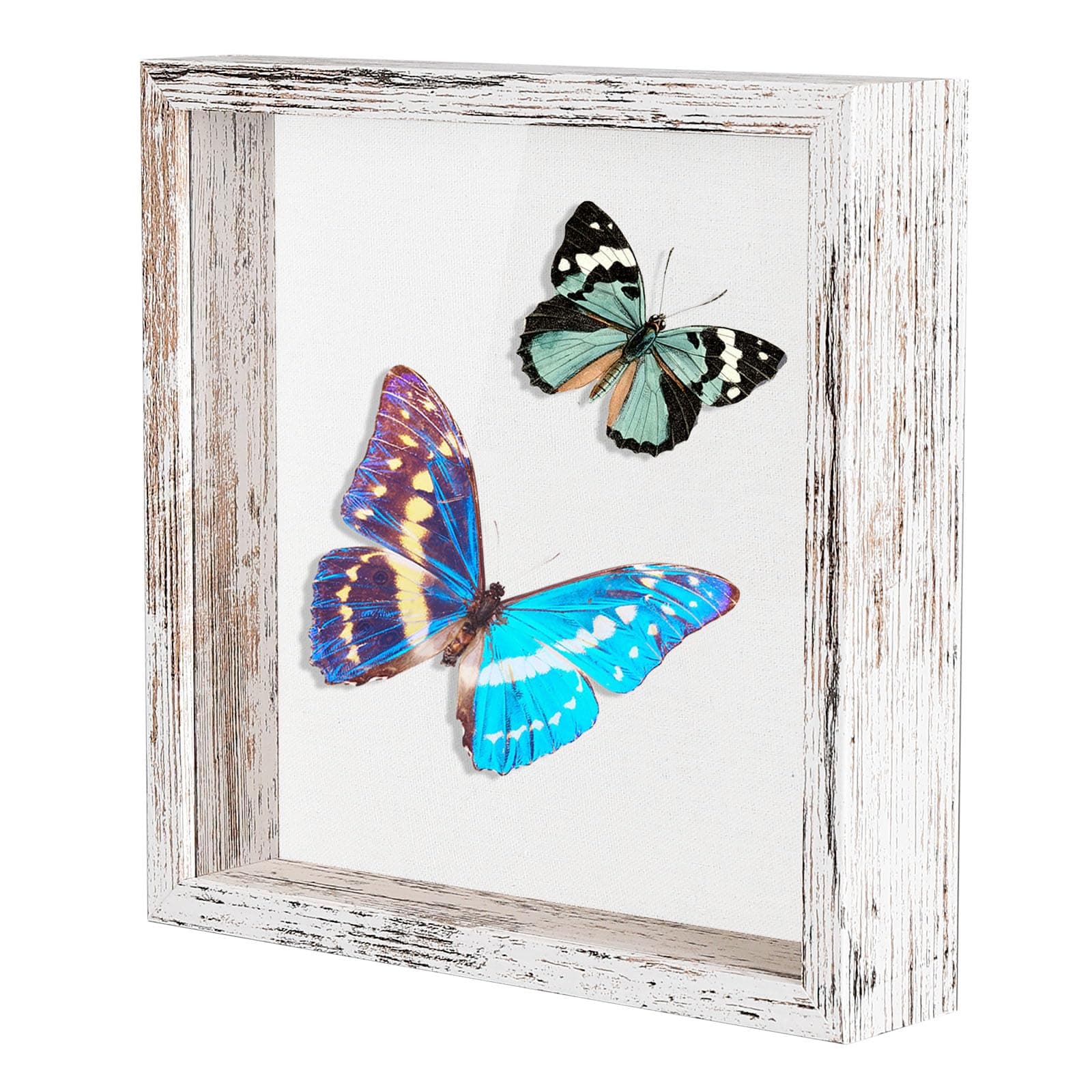 Califortree 8x8 Shadow Box Frame with Soft Linen Back - Metal Push Pins Included, Memory Box Display Case for Memorabilia Flower Awards Medals Wedding Photos, Rustic White