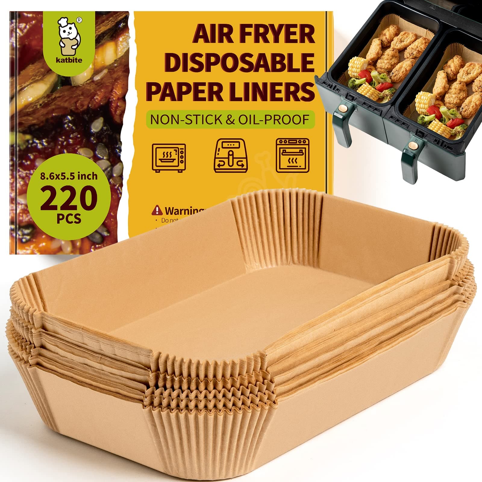 Katbite 220PCS DZ201 Air Fryer Liners, 8.6x5.5'' Rectangle Air Fryer Liners Disposable for Dual Air Fryer, Oil-Proof Air Fryer Parchment Paper Liners for Air Fryer Basket for Foodi DZ401, FG551