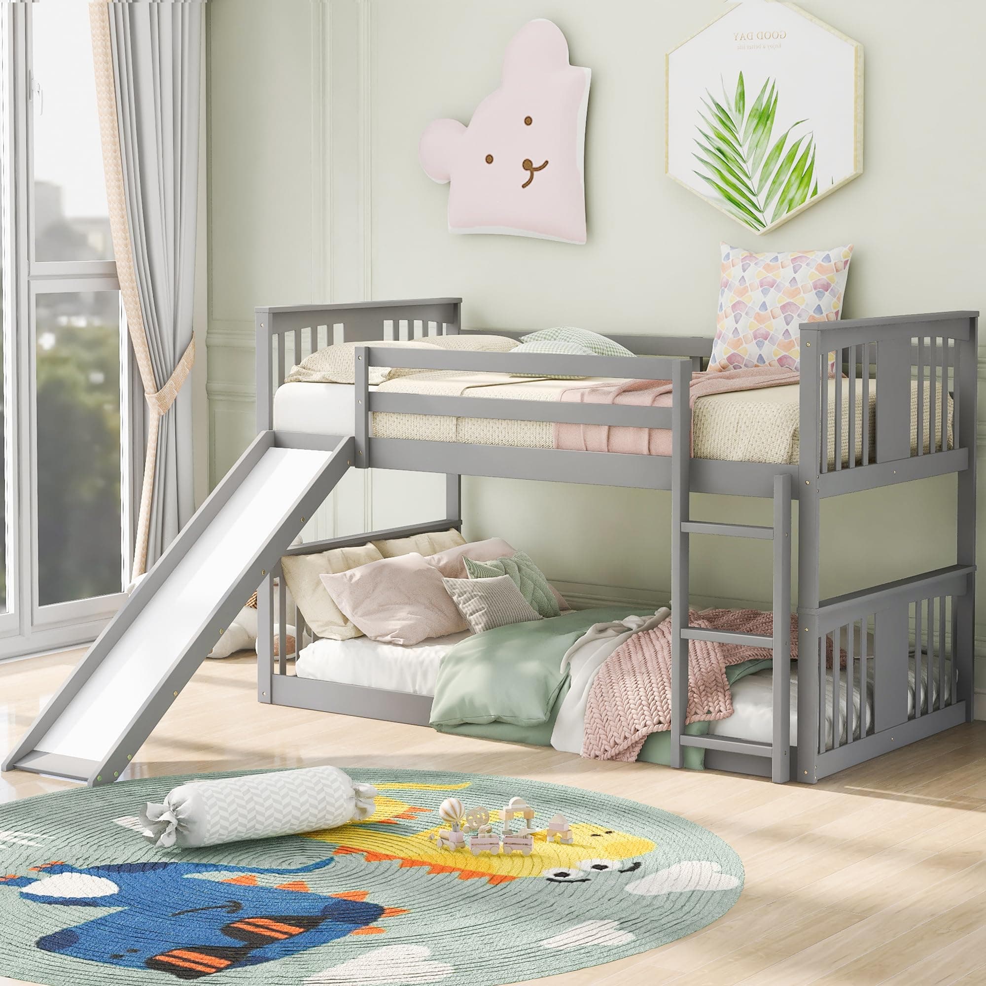Bellemave Montessori Floor Bunk Bed Twin Over Twin, Twin Bunk Bed with Slide and Ladder, Kids Bunk Beds with Guardrail Headboard and Footboard, Low Bunk Beds for Kids, Boys, Girls, Twin Bunk Bed Gray