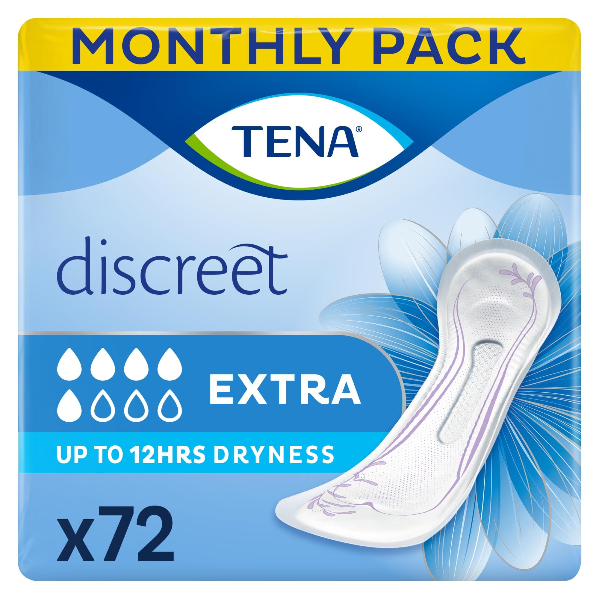 TENA Discreet Extra, 72 Incontinence Pads (12 x 6 packs) Individually Wrapped, for Women with Medium Bladder Weakness, Incontinence and Unpredictable Leaks