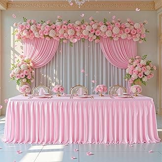 8FT Pink Satin Tablecloths for Rectangle Tables - Shiny Spandex Party Table Cover with Pleated Table Skirt, No-Wrinkle & Glossy Wedding Tablecloth One-Piece for Birthday Baby Shower Banquet Ceremony