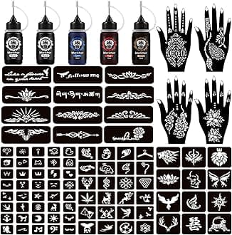 MoricherTemporary Tattoo Kits 5 Inks 102 Stencils with Mandala Stencils Semi Permanent Tattoo for Women Men Kids DIY Art Painting Party Gifts