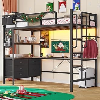 Twin Loft Bed with Desk and 5 Storage Drawers,Loft Bed Twin Size with LED Lights and Charging Station, Metal Bunk Bed Frame with Ladder, Clothes Rail,Noise Free,Oak Gray