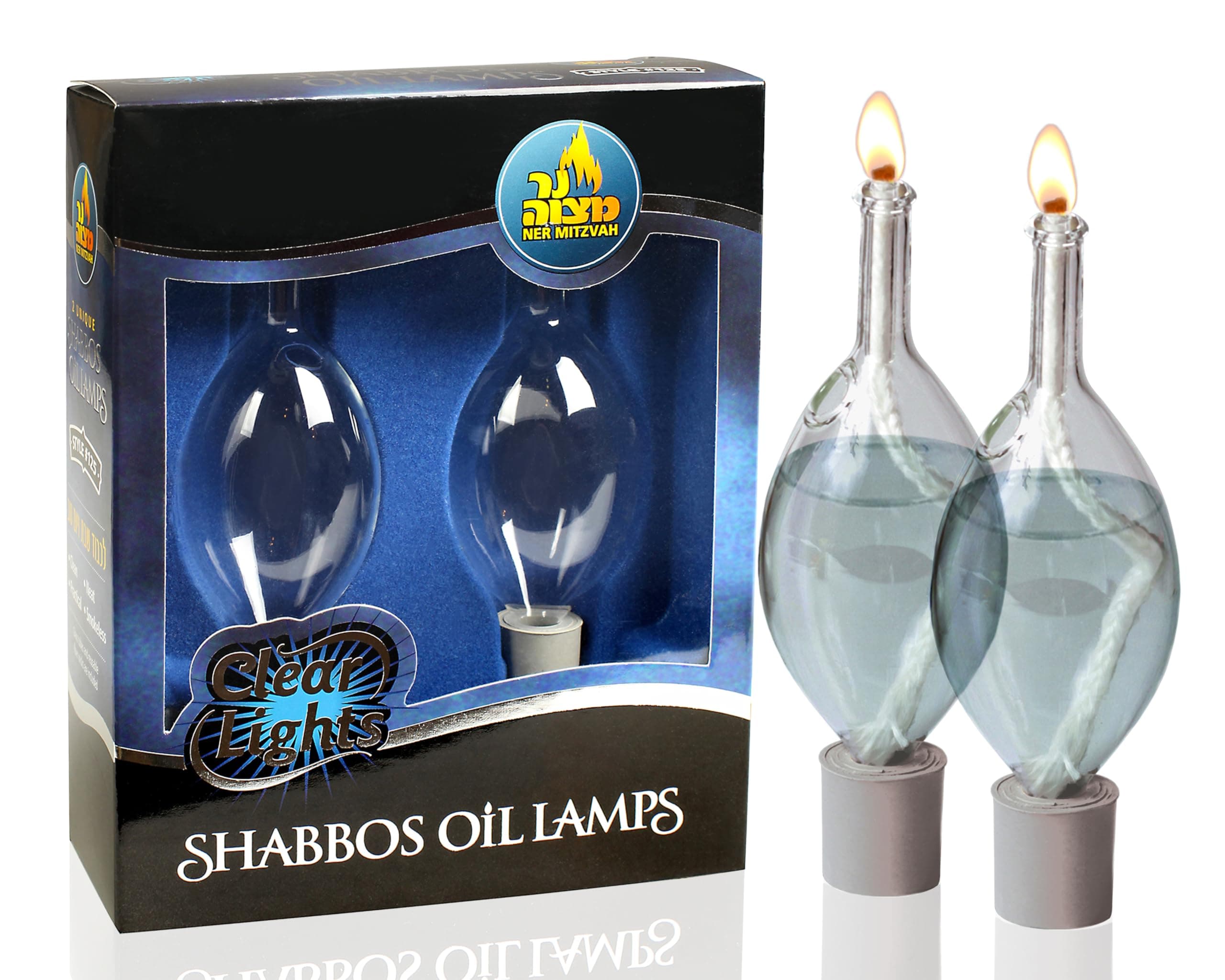 Ner Mitzvah 2 Pack Tear Drop Shape Paraffin Shabbat Candle Holder Cup and Wick - Clear, White Glass - Fits Standard Candlesticks - No Mess Refill - Perfect for Religious Occasions