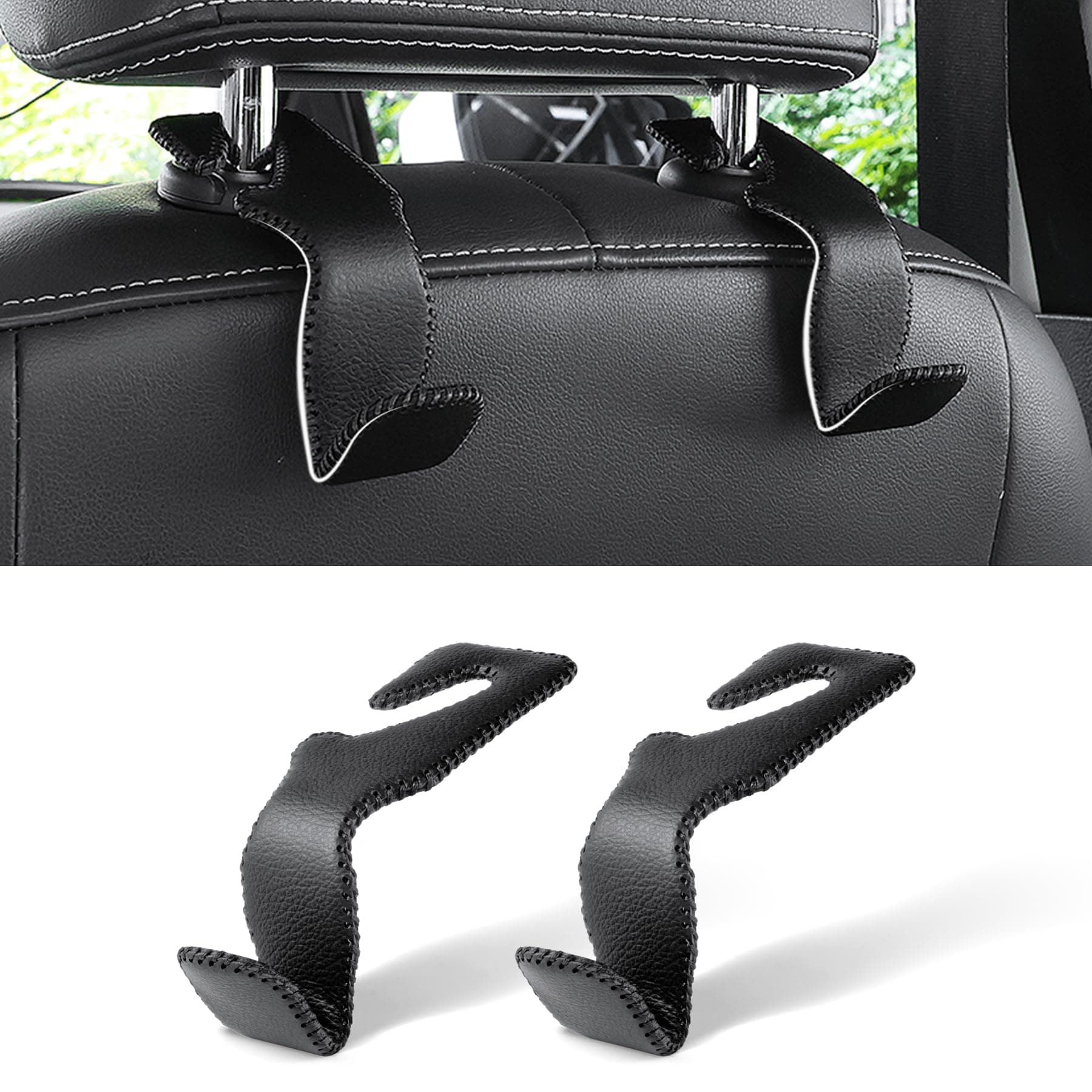 LivTee Black Superior Leather Car Seat Back Headrest Hook, Auto Seat Hook Hangers Interior Accessories for Purse Coats Umbrellas Grocery Bags Handbag, 2-Pack