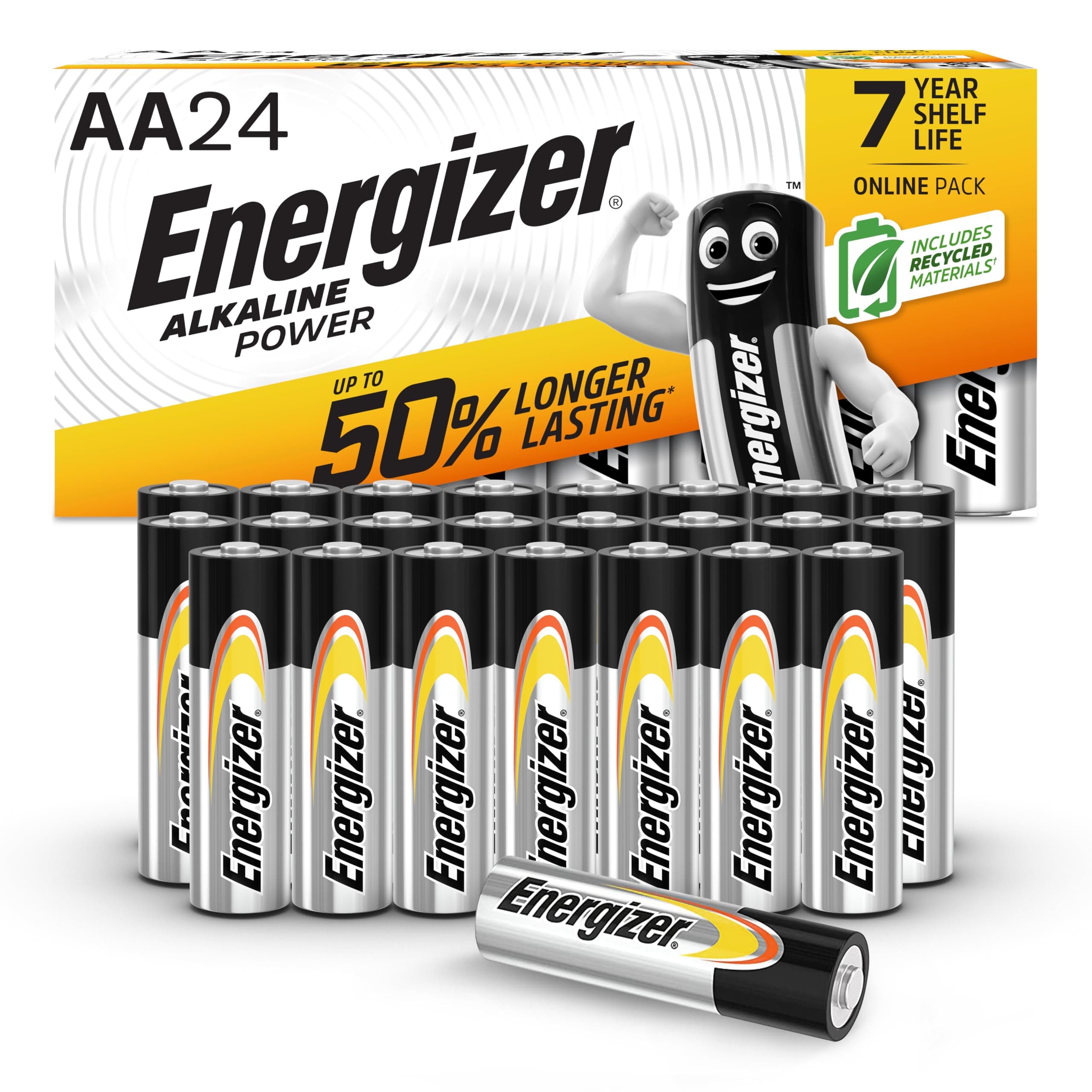 Alkaline Power - AA Batteries (24 Pack) - Double A Battery 1.5V - Up To 50% Longer Lasting - For Everyday Devices - 100% Recyclable Packaging - 7 Year Shelf-Life [Amazon Exclusive]