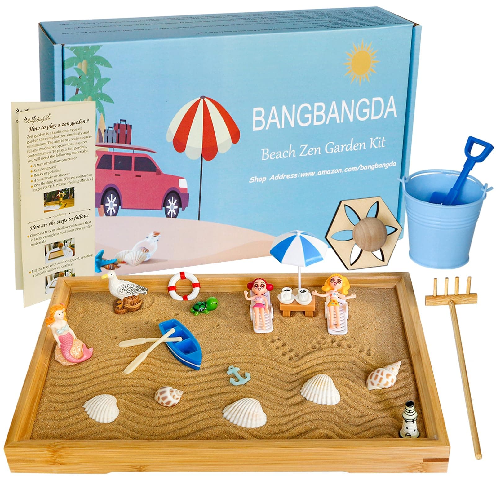 Desktop Miniature Beach Zen Garden - Mini Home Office Tabletop Sandbox Bamboo Rakes Stamps Tray Tool Accessories Kit Meditation Relaxation Decor - Stress Relief Therapy Gifts Kids Adult Father Mother