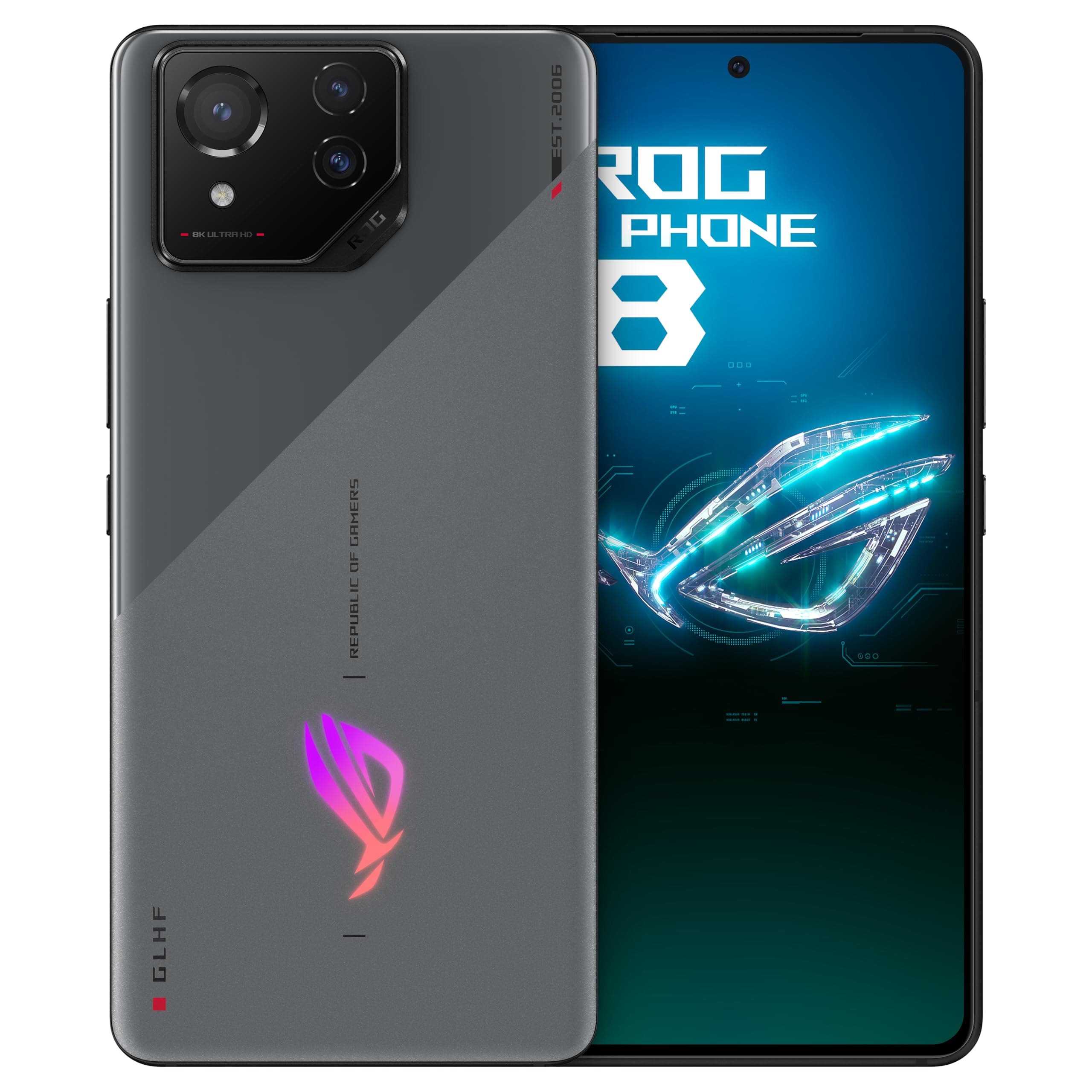 ASUS ROG Phone 8, Qualcomm Snapdragon 8 Gen 3, SM8650, 6.78" FHD+ (2400x1080) 165Hz, 12GB RAM, 256GB Storage, Android 14, 50MP Gimbal Camera, 5500mAh, Dual Sim, Grey, UK