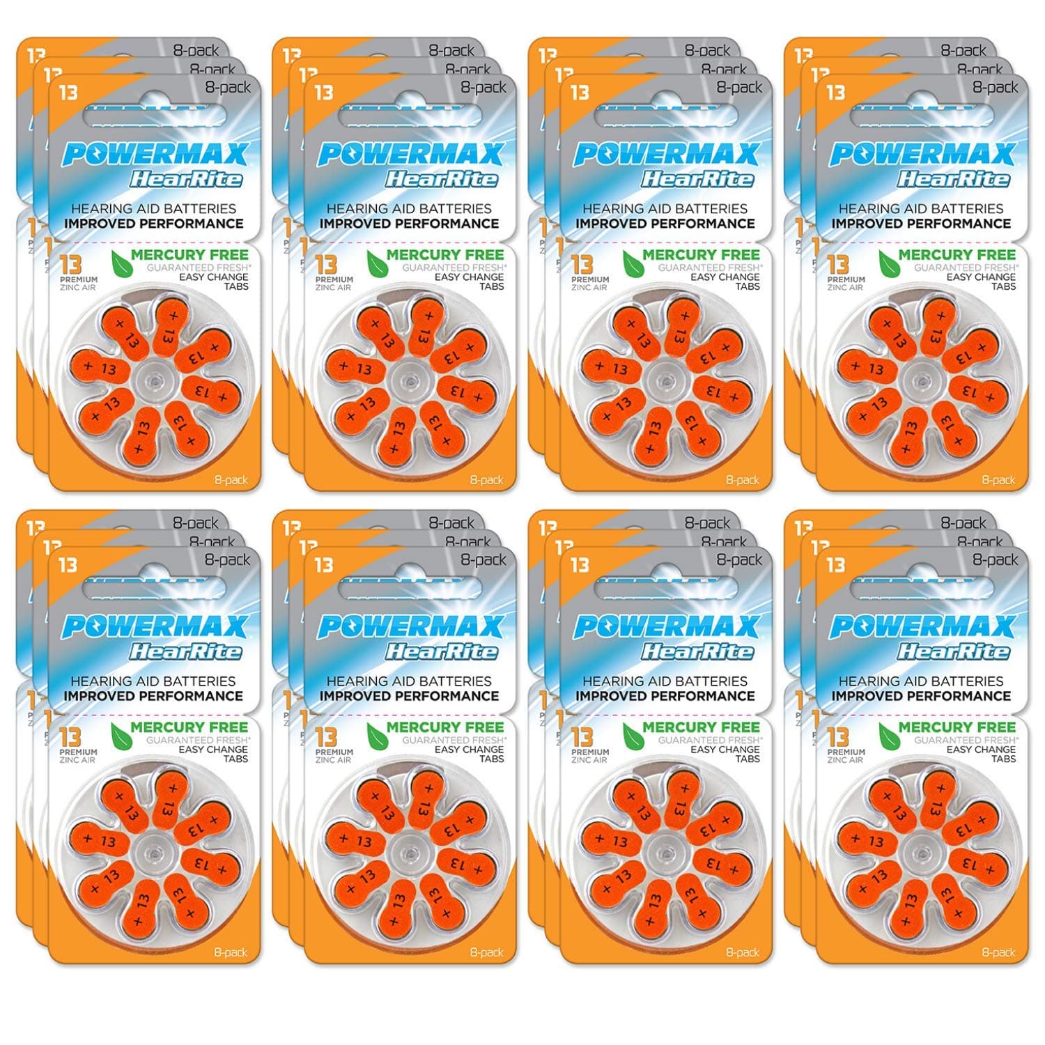 Powermax Size 13 Hearing Aid Batteries, 180 Count Long-Lasting Battery Pack, Orange Long Tab for Easy Change