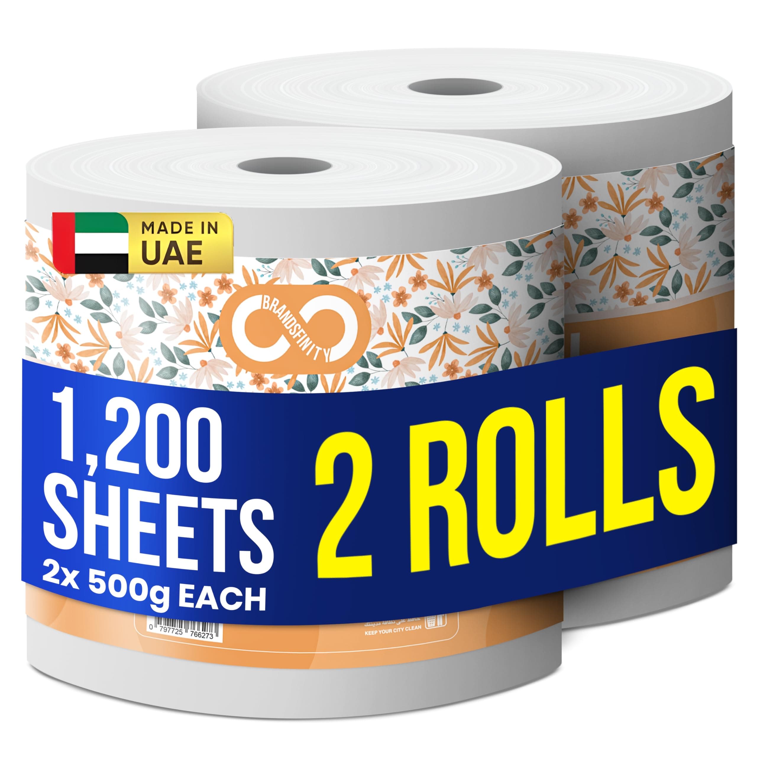 Brandsfinity Maxi Roll – Pack of 2 Rolls, 1200 sheets, 500g x 2 Ply Highly Absorbent Multi Purpose Kitchen Tissue Paper Towel for all Surfaces