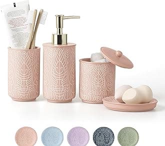 Premium Coral Pink Bathroom Accessories Set. New Apartment Essentials. Pink Toothbrush Holder and Soap Dispenser