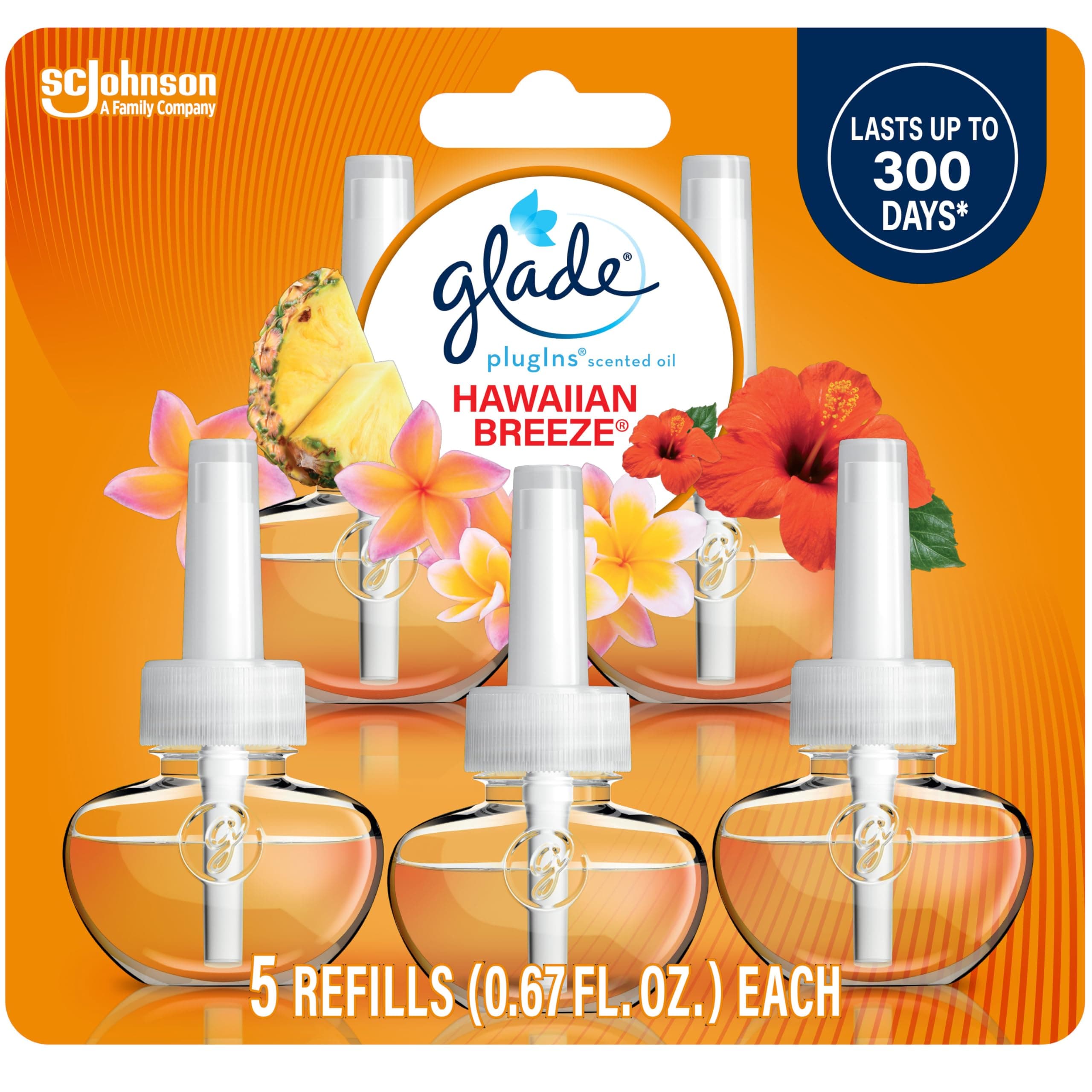 Glade PlugIns Refills Air Freshener, Scented and Essential Oils for Home and Bathroom, Hawaiian Breeze, 3.35 Fl Oz, 5 Count