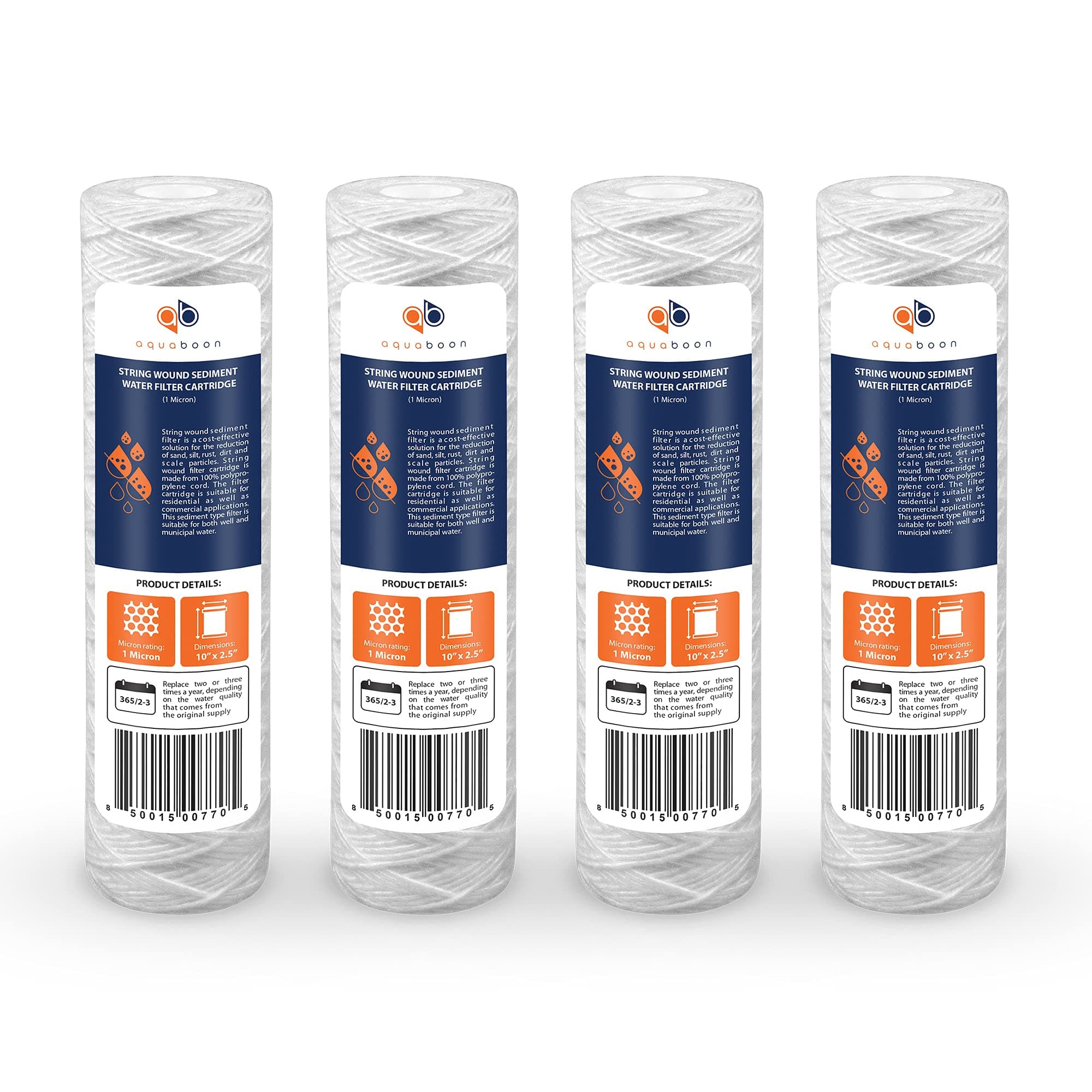 Aquaboon Whole House 1 Micron String Wound Water Filter 10 x 2.5 Cartridge for Well Water Filter Replacement Compatible with WHKF-WHSW, AP110, 4-Pack