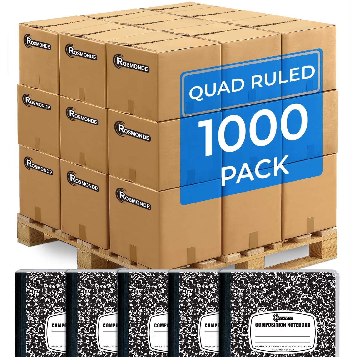 Rosmonde 1000 Pack (Pallet) Composition Notebooks Bulk, Quad Ruled, Pallet of Composition Notebooks, 100 Sheets (200 Pages), 9-3/4 x 7-1/2, Bulk Notebooks for School & College, 4-7 Days Transit