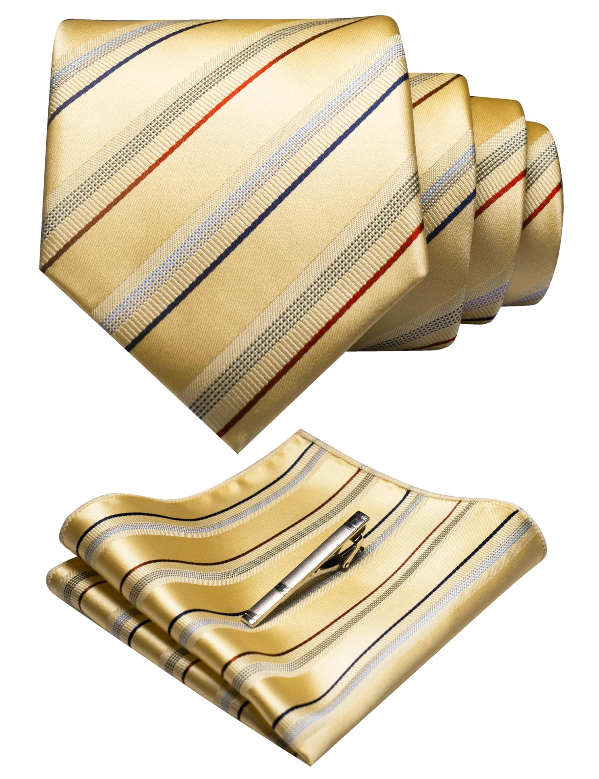 RBOCOTT Silk Stripe Plaid Tie and Pocket Square with Tie Clip Sets for Men