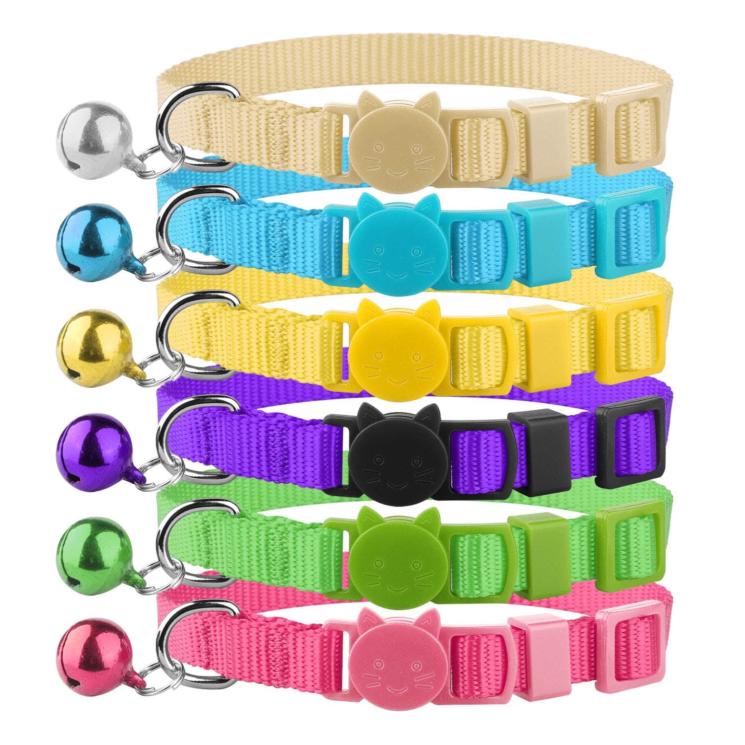 Cat Collars Nylon Soft Colorful Adjustable Breakaway Safety Kitten Collars with Bell 6pcs/set