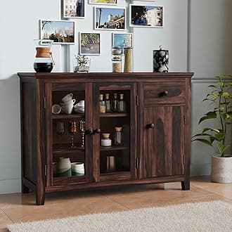 Sheesham Wood Sideboard Cabinet for Living Room | Wooden Crockery Cabinet with 2 Acrylic Glass Door | Kitchen Display Unit | 2 Acrylic Glass Doors, 1 Door & 1 Drawer | Walnut