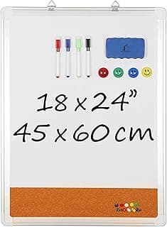 White Board Cork Board Combo - 18x24 in Dry Erase Board with Cork and 1 Magnetic Eraser, 4 Dry Wipe Markers, 4 Magnets and 10 Pins - Wall Hanging Whiteboard with Corkboard for Home and Office