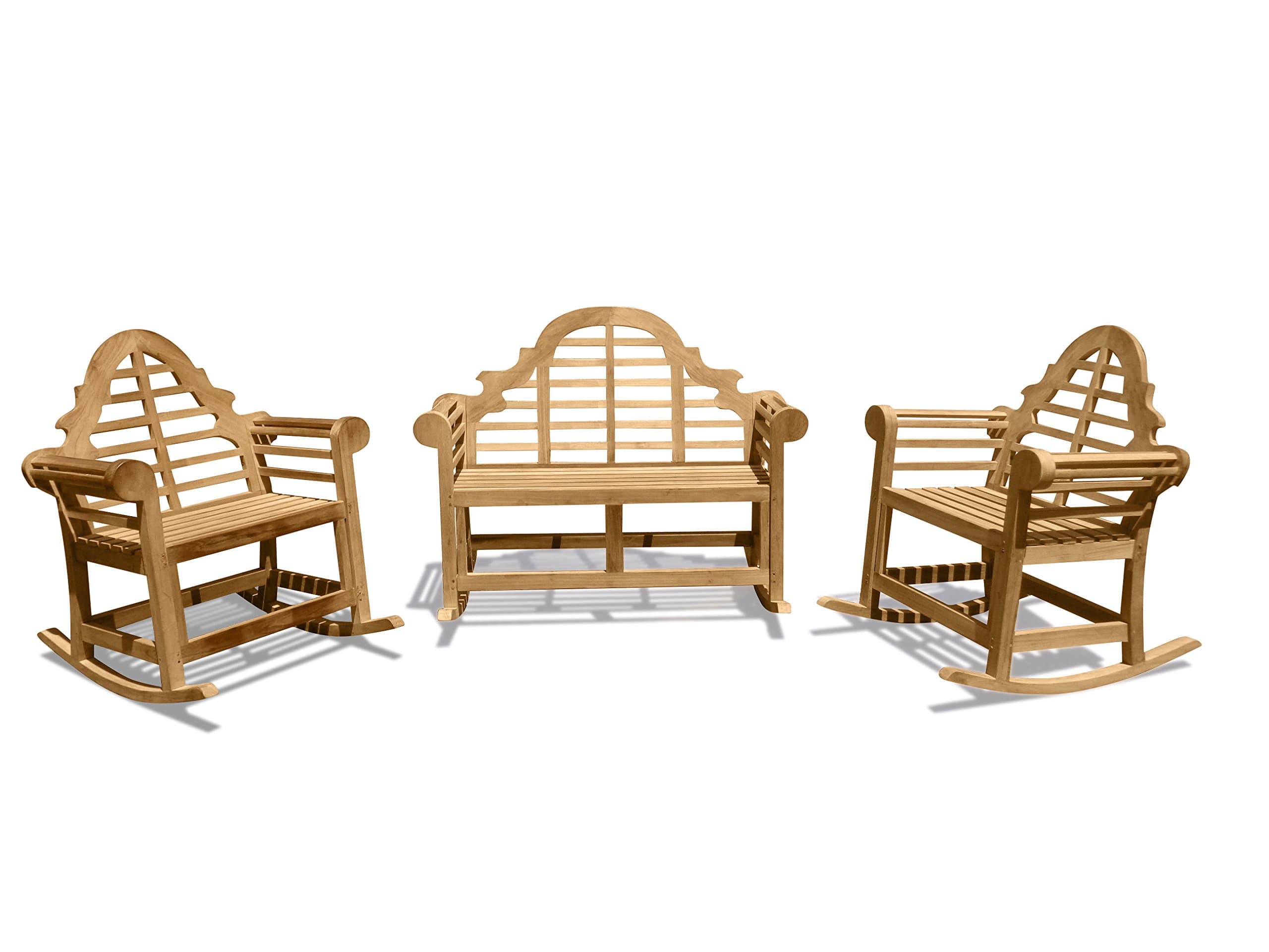 Windsor's Genuine Grade A Teak Lutyens 3pc Set w/Double Rocking Bench 52"/52 lbs, Two 36"/40lbs Single Rockers, 5 Yr Wnty, List $3550 -Save! Teak Lasts A Lifetime!