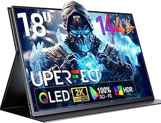 UPERFECT 18" QLED Portable Monitor, 2K 2560×1600, 144Hz Gaming Display, 500 Nits Brightness, FreeSync HDR, 100% DCI-P3, Ultra-Slim USB-C/HDMI Monitor for Laptop MacBook Phone Game Console, VESA Mount