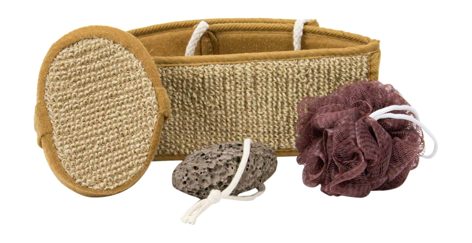 Premium Back Scrubber, Luxurious Sponge, Mesh Pouf and Black Lava Pumice Stone-4-Piece Bath Exfoliating Set Brown Color