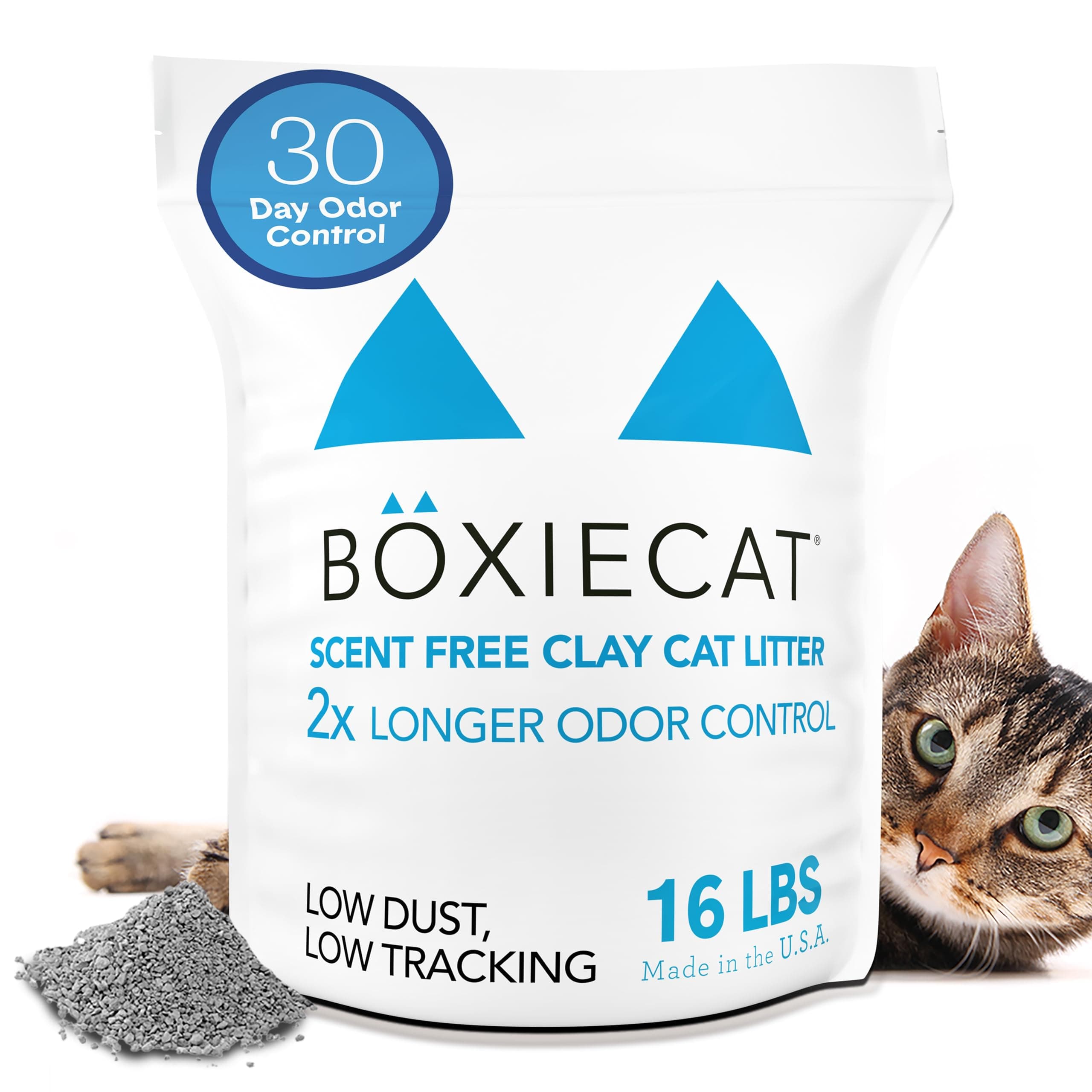 Boxie Unscented 30 Day Odor Control Clumping Clay Cat & Kitty Litter 16 lb, 99.9% Dust-Free, Hard Flat Top Clumps, No Fragrances No Fillers, Long-Lasting, Easy to Scoop