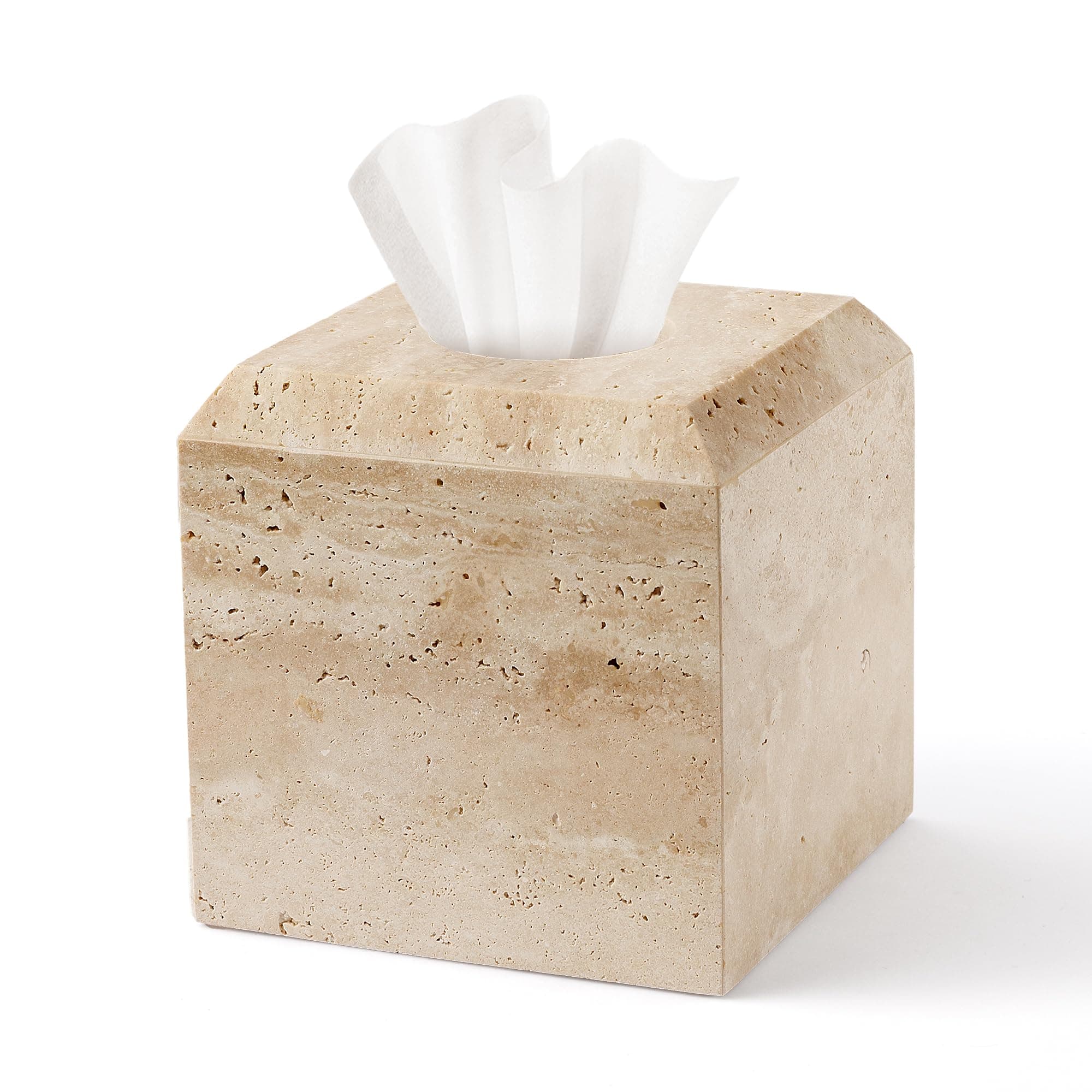 WORHE Tissue Box Cover Italy Natural Travertine Stone Heavy Duty Square Facial Toilet Paper Holder for Bathroom Living Room Bedroom Dresser Kitchen Minimalistic Office Home Decor Beige (TBC145WT)