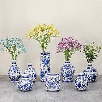 Dandat 8-Piece Porcelain Vase Set - Blue and White Ceramic Mini Chinoiserie Vintage Flower Vases for Home Decor